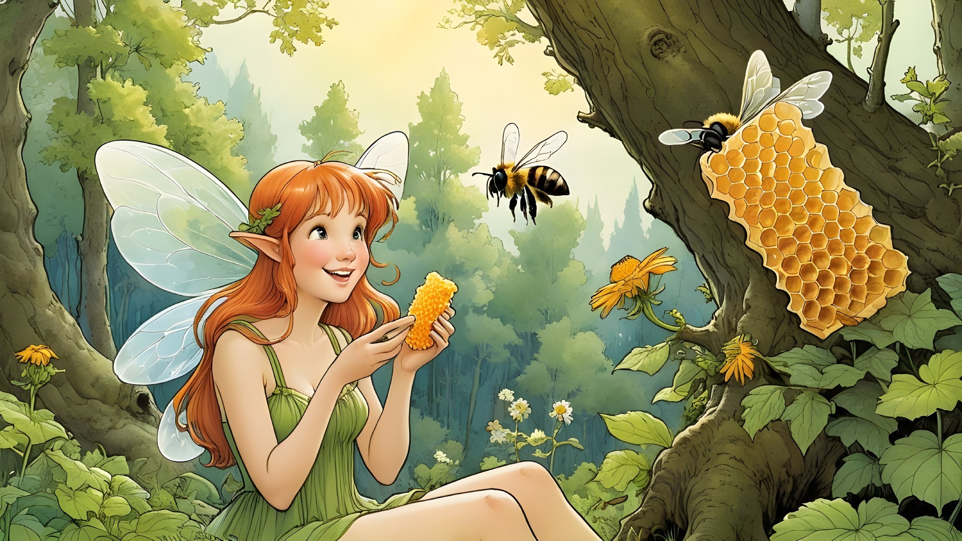 Fairy in Enchanted Forest Enjoying Honeycomb and Nature