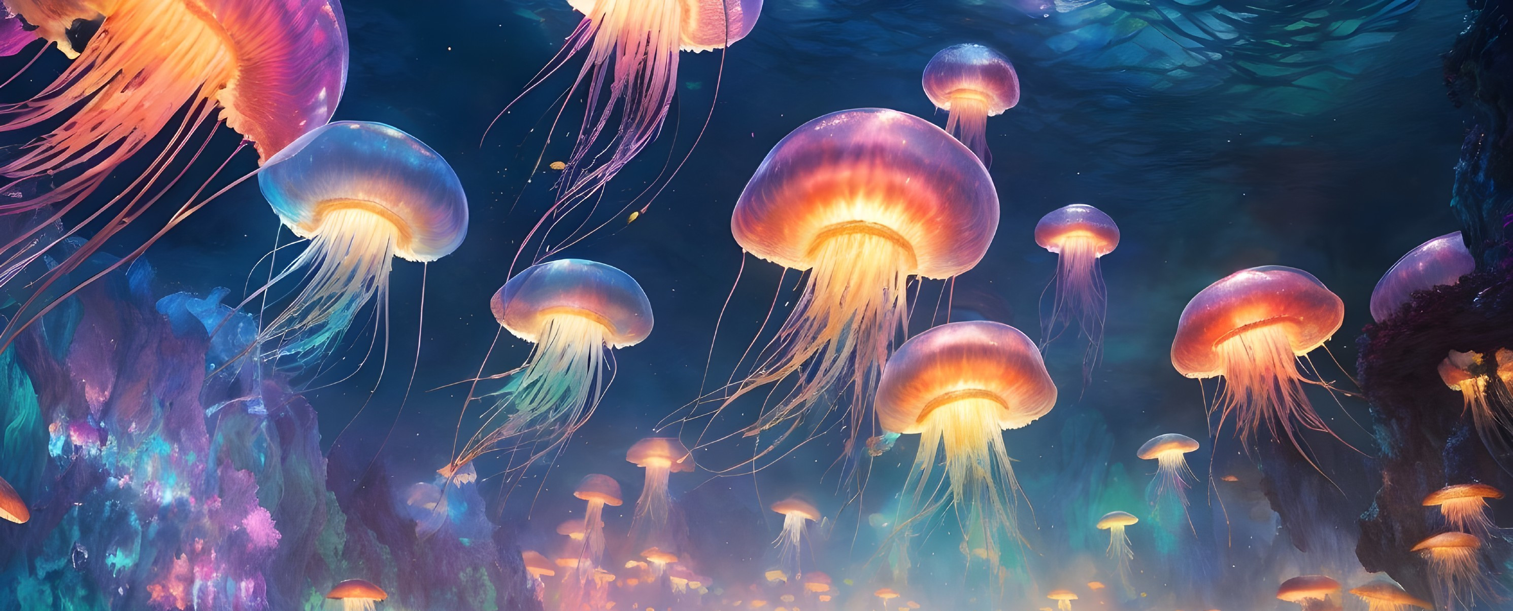 Underwater Scene with Glowing Jellyfish and Coral