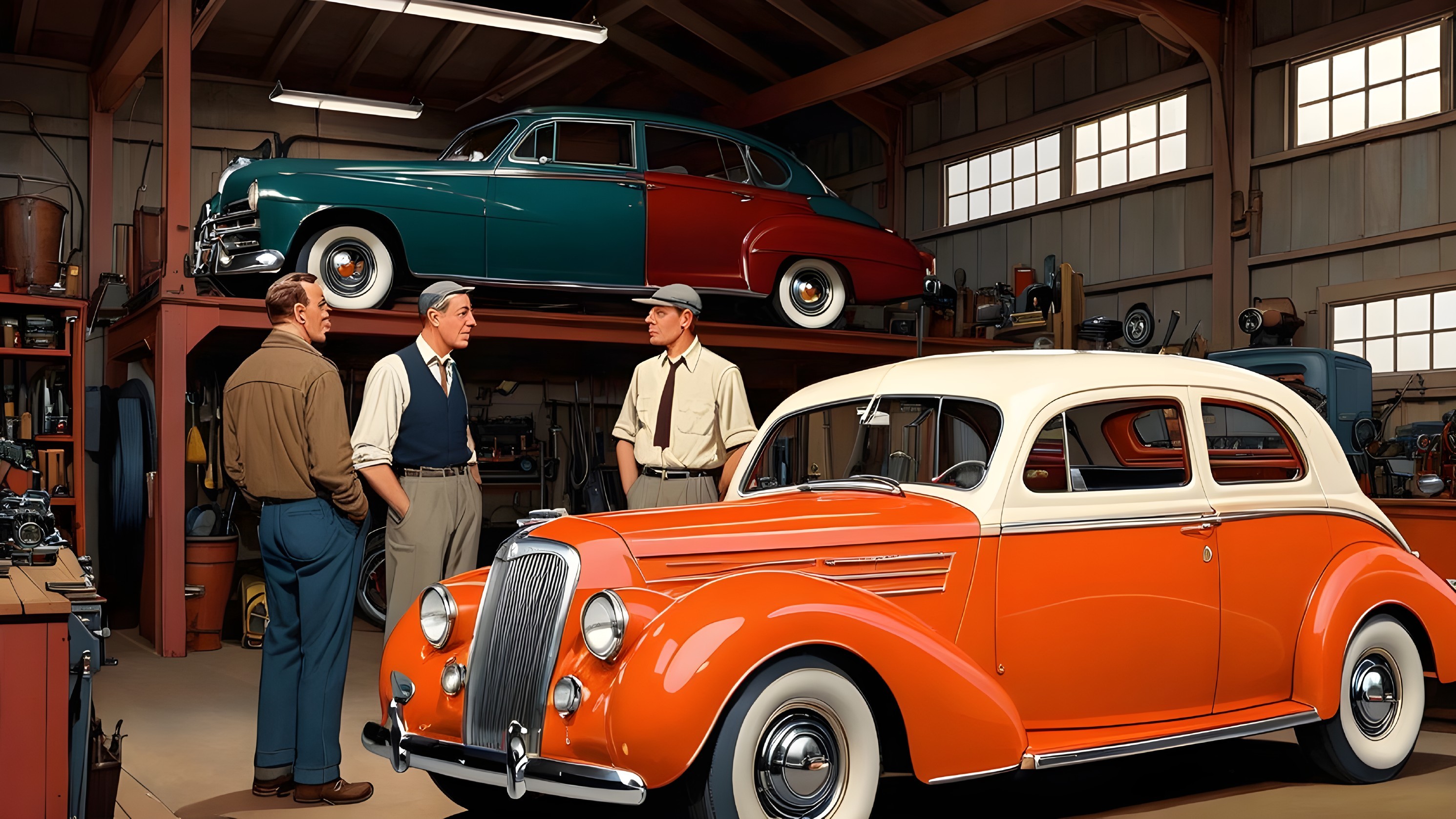 Vintage Garage Scene with Classic Cars and Conversation