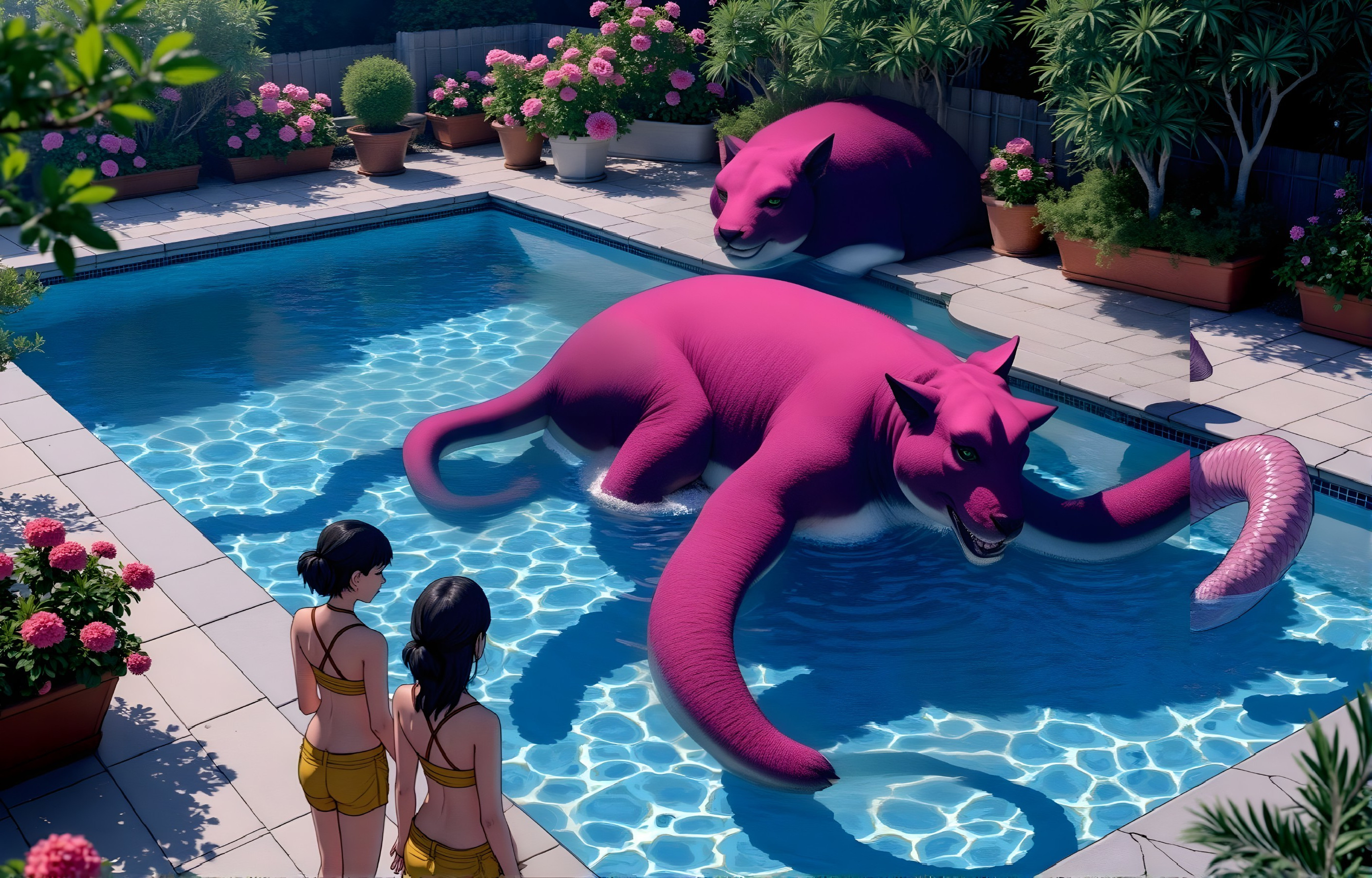 Whimsical Purple Cats in a Colorful Backyard Pool