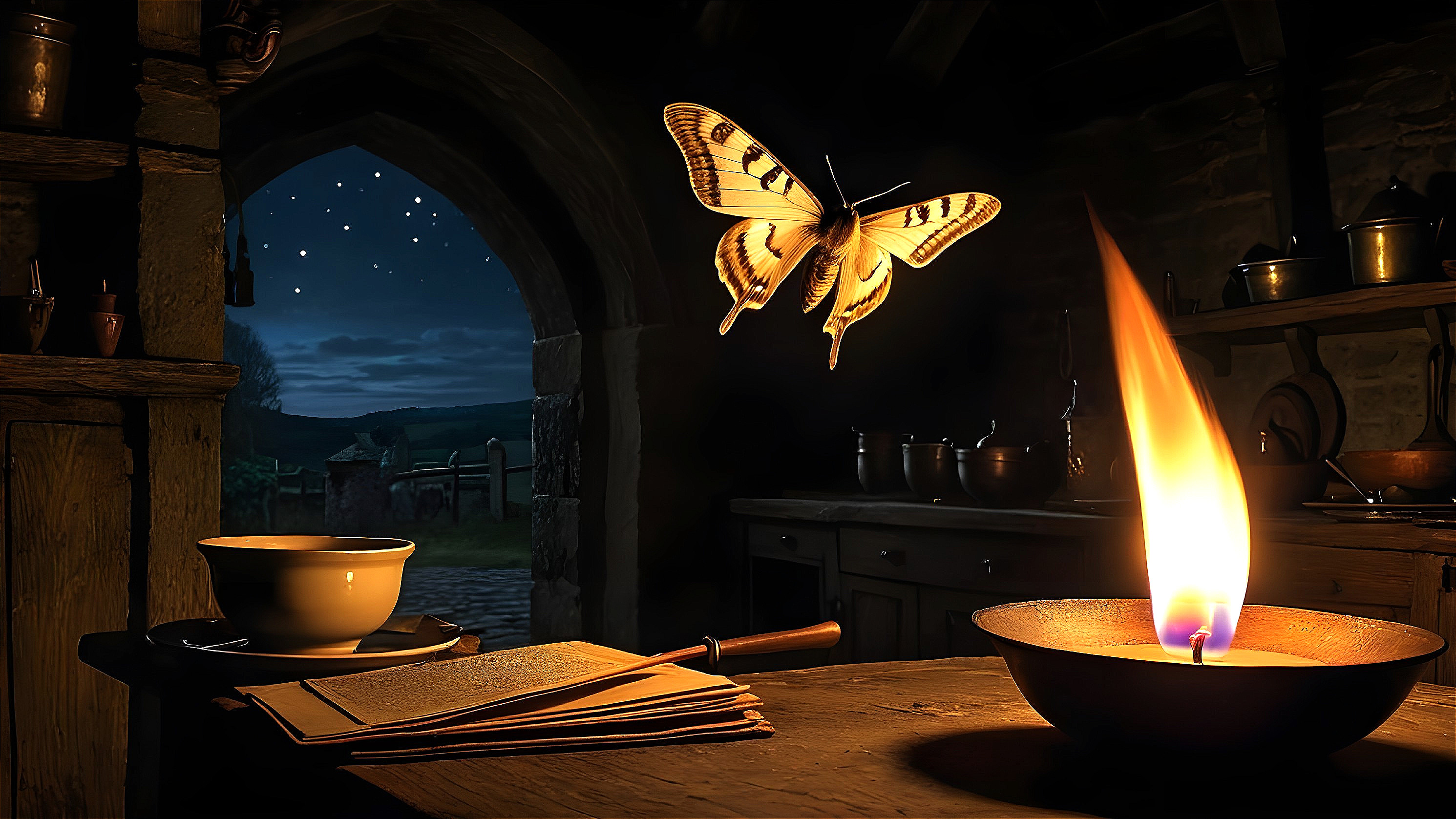 Cozy Kitchen with Candlelight and Starry Night Sky