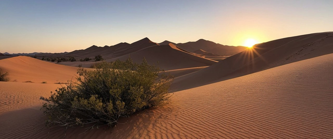 Desert Landscape at Sunset with Sand Dunes and Bush