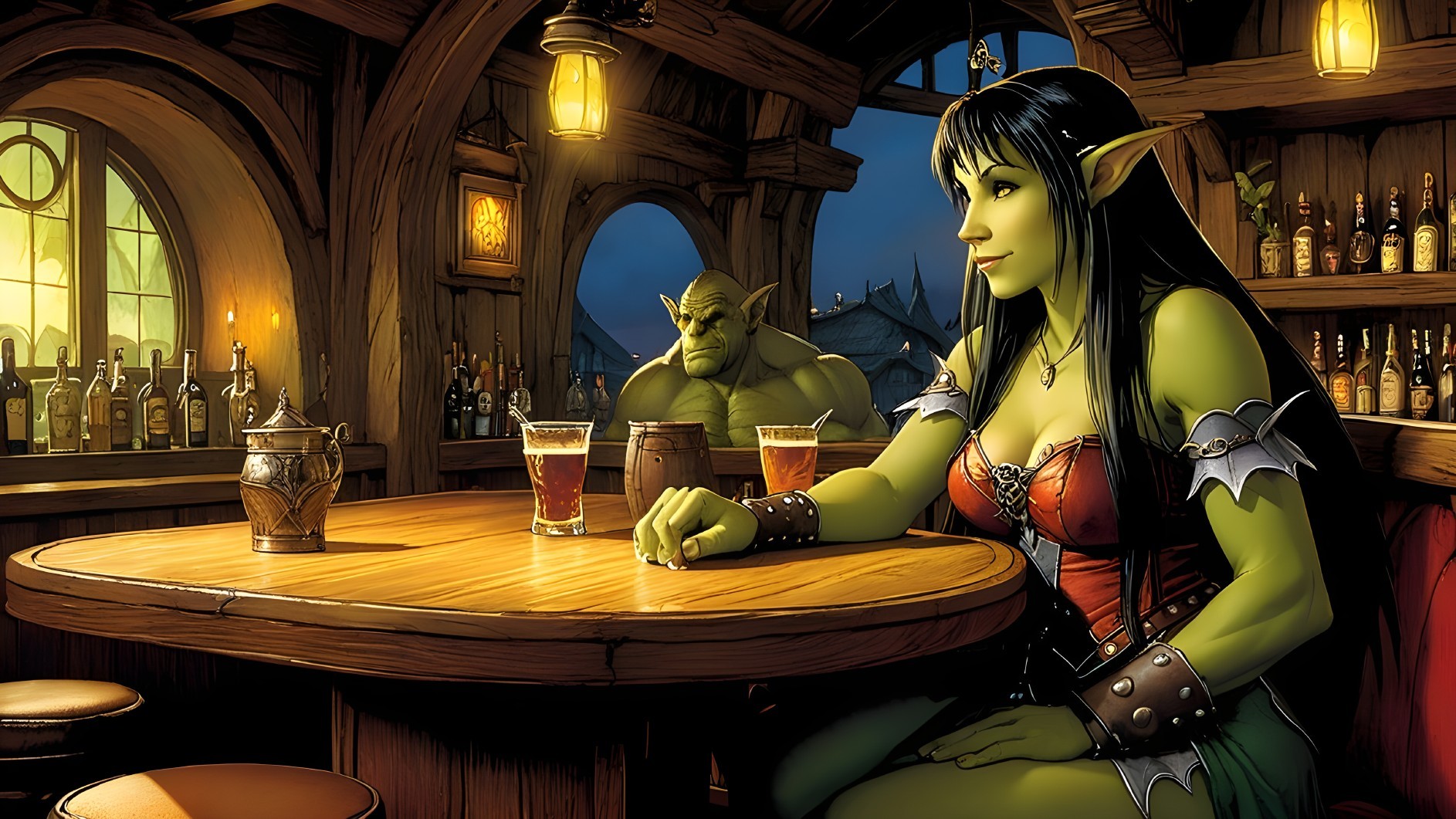 Orc Woman in Cozy Tavern with Rustic Decor