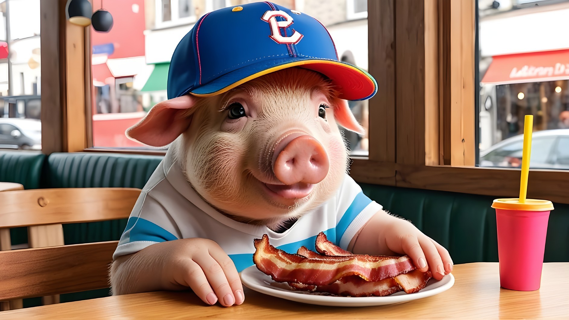 Cartoon Pig Dining in Cozy Restaurant Setting