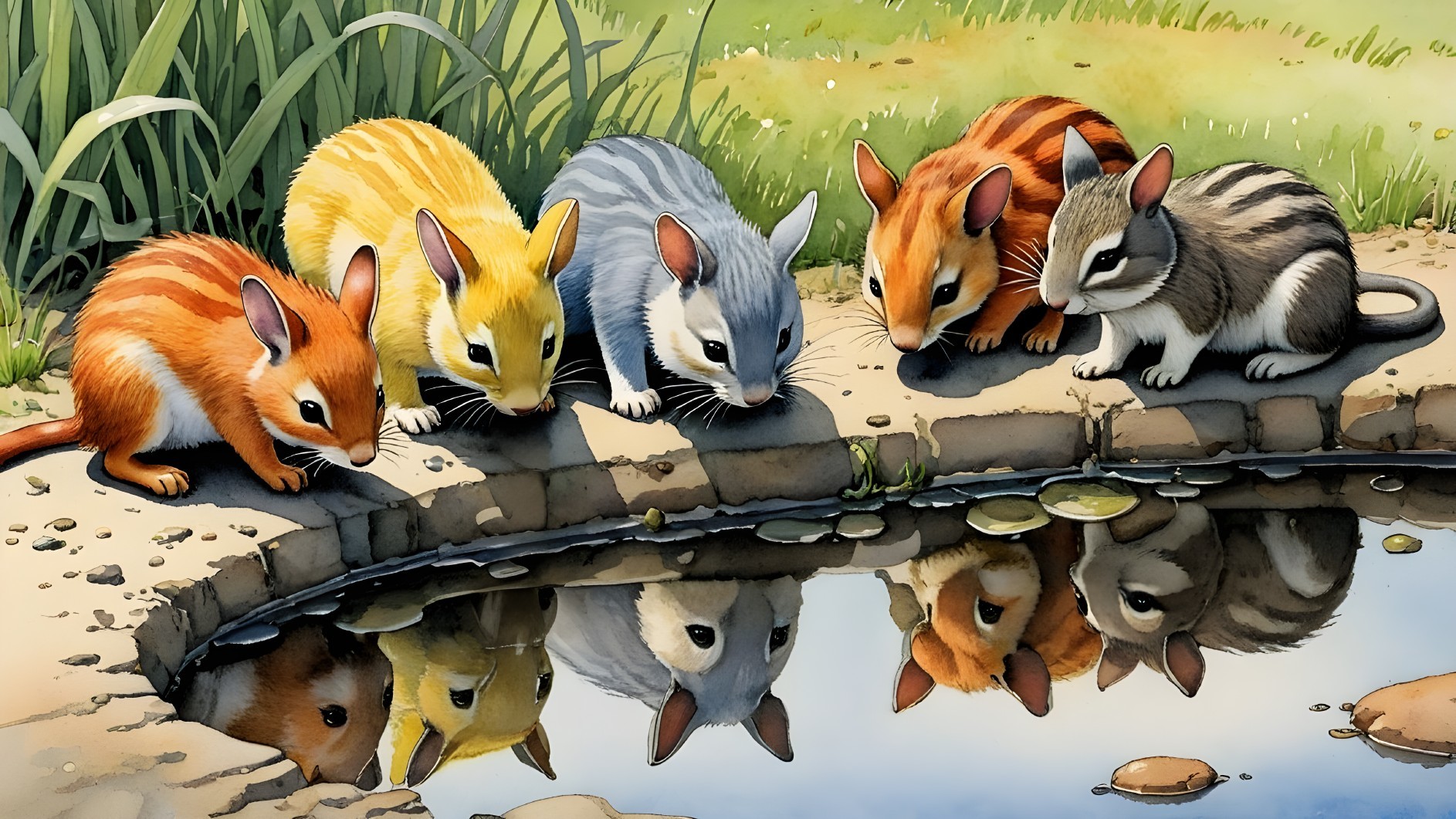 Colorful Rabbits by a Tranquil Pond Scene