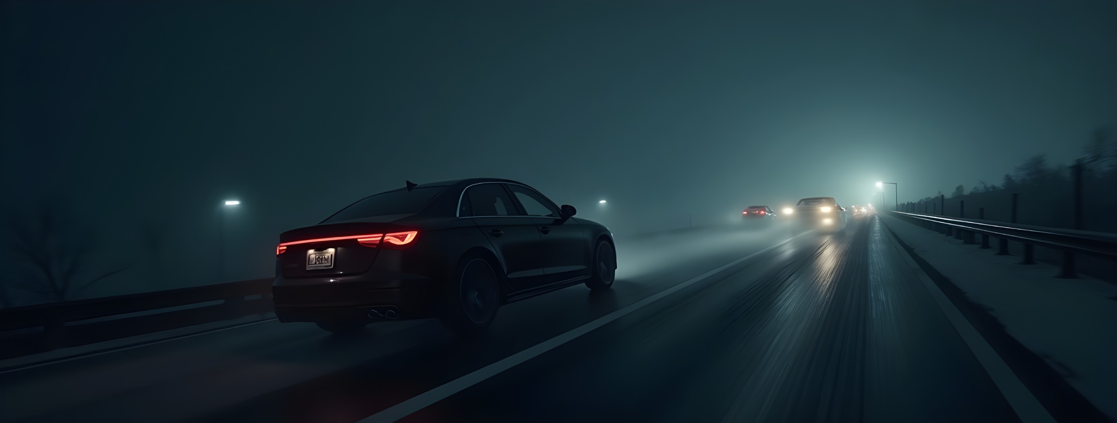 Misty Nighttime Drive on a Dimly Lit Highway