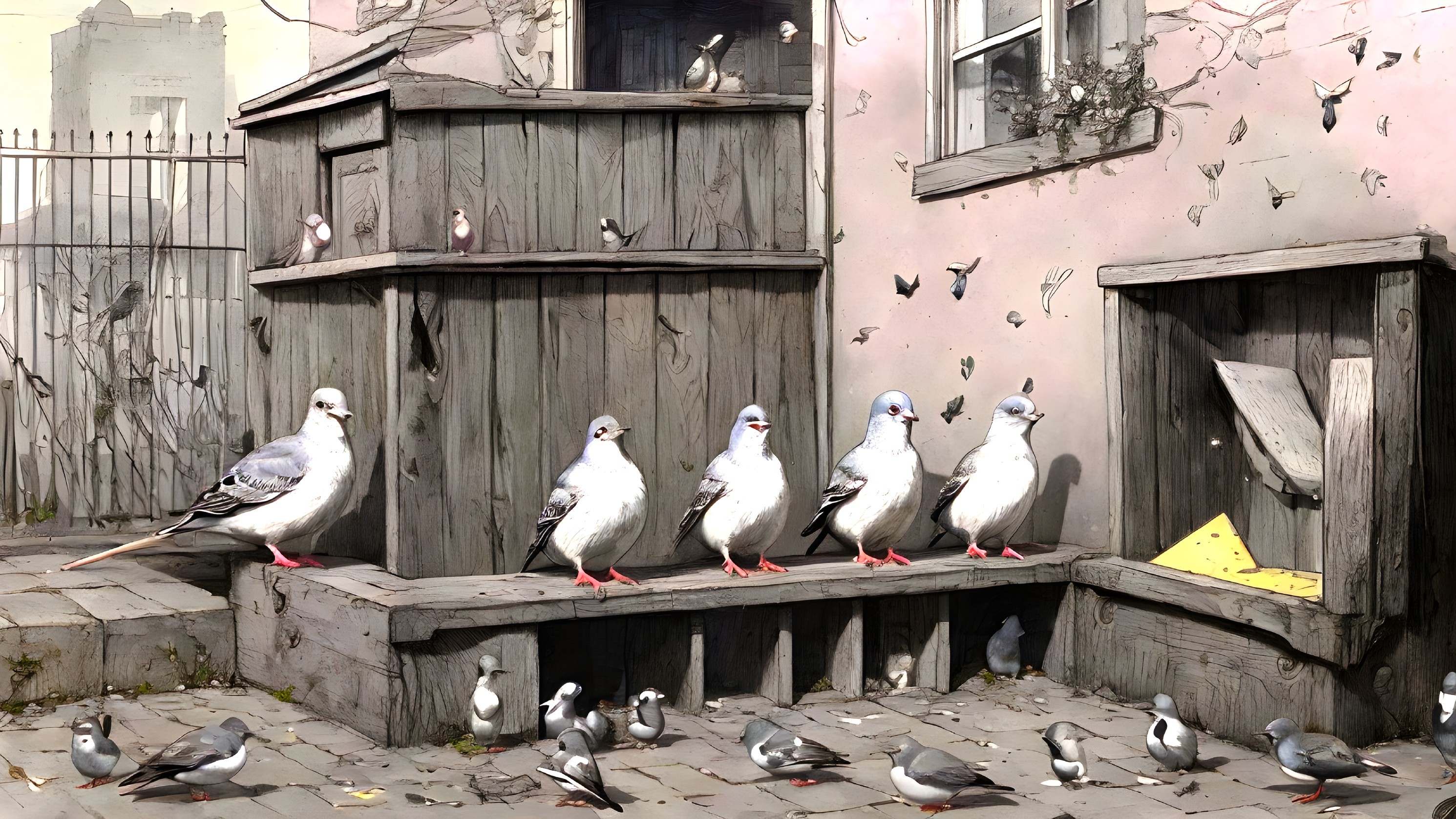 Group of Pigeons and Birds in Quaint Alley Scene