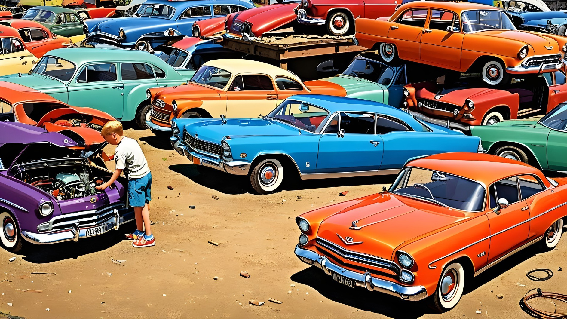 Classic Cars in Vibrant Junkyard with Young Boy