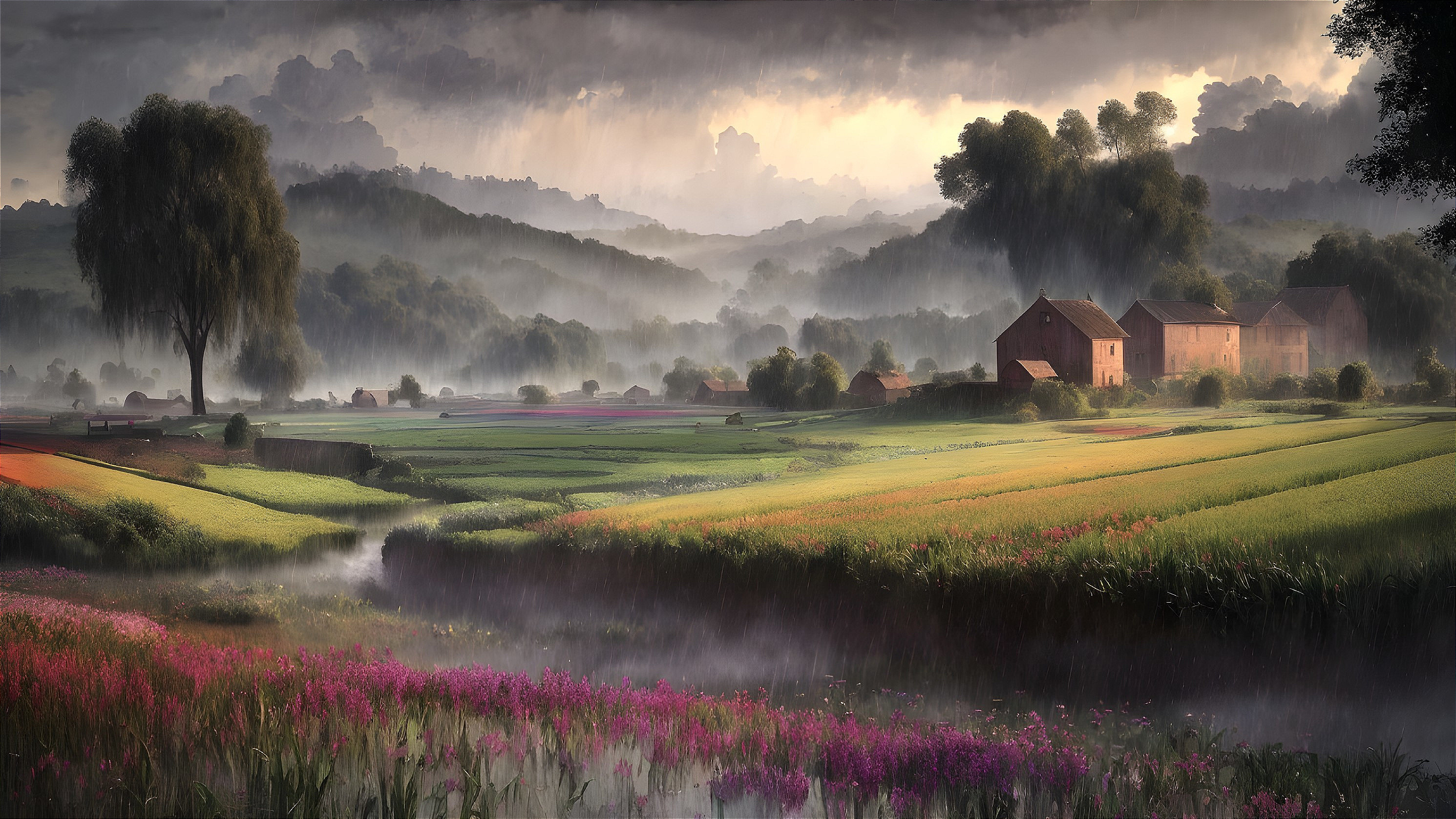 Serene Landscape with Rain and Blooming Flowers