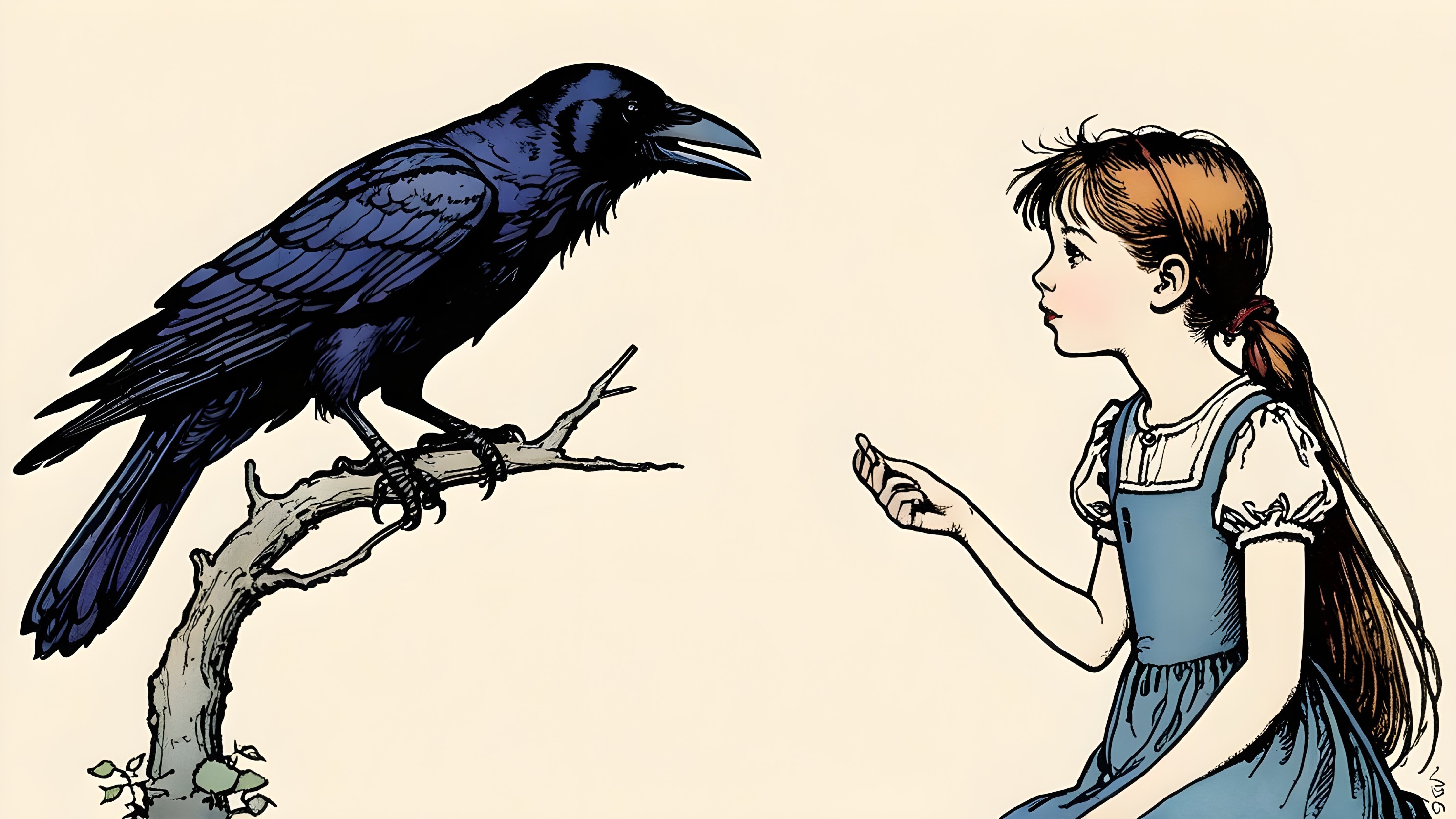 Young girl in blue dress with raven in whimsical scene
