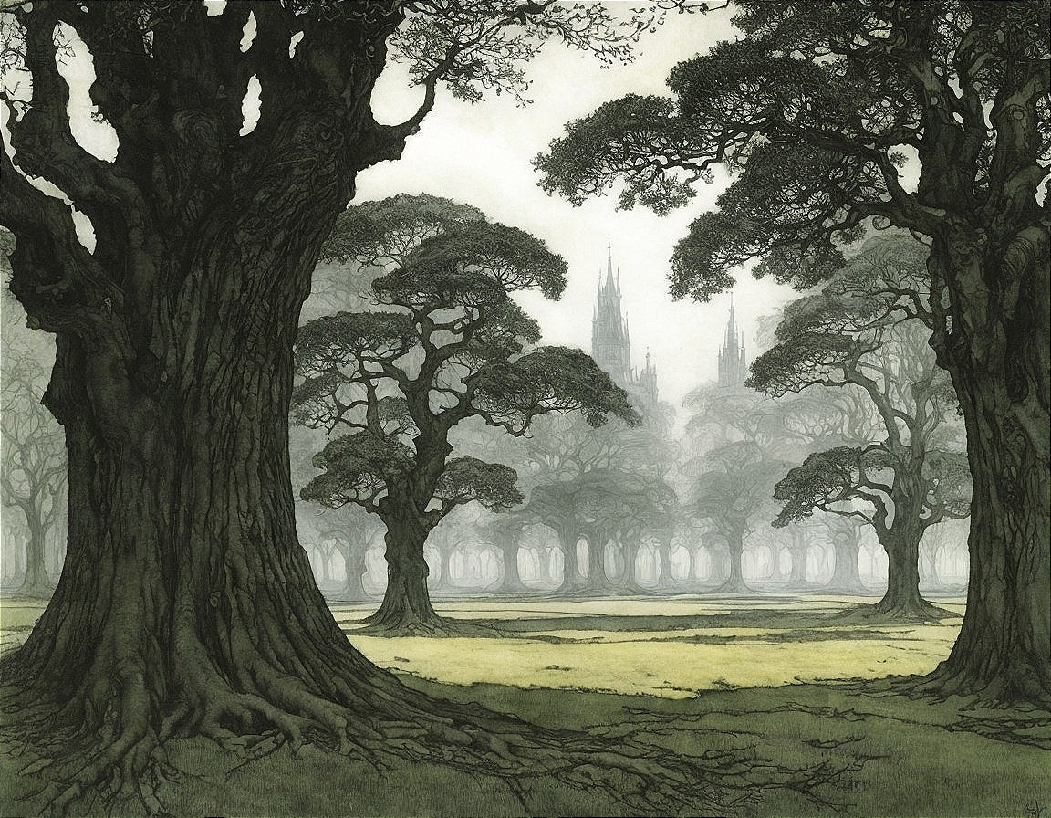 Serene forest scene with detailed trees and misty spires