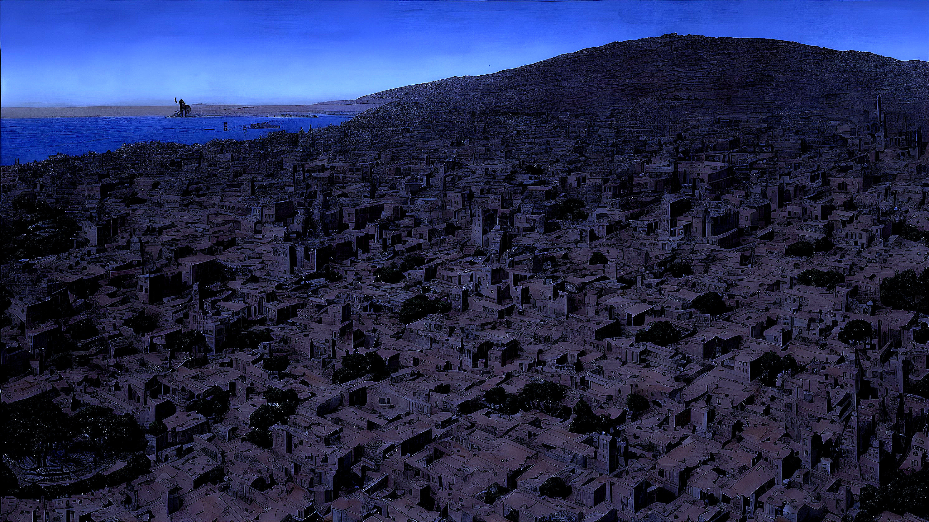 Urban Landscape at Twilight with Hills and Coastline