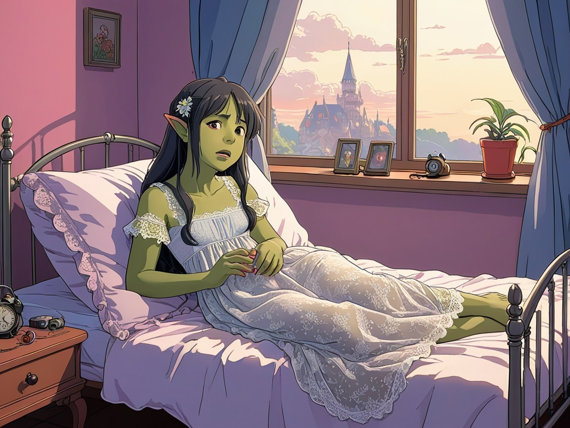 Pastel Bedroom with Green-Skinned Girl and Castle View