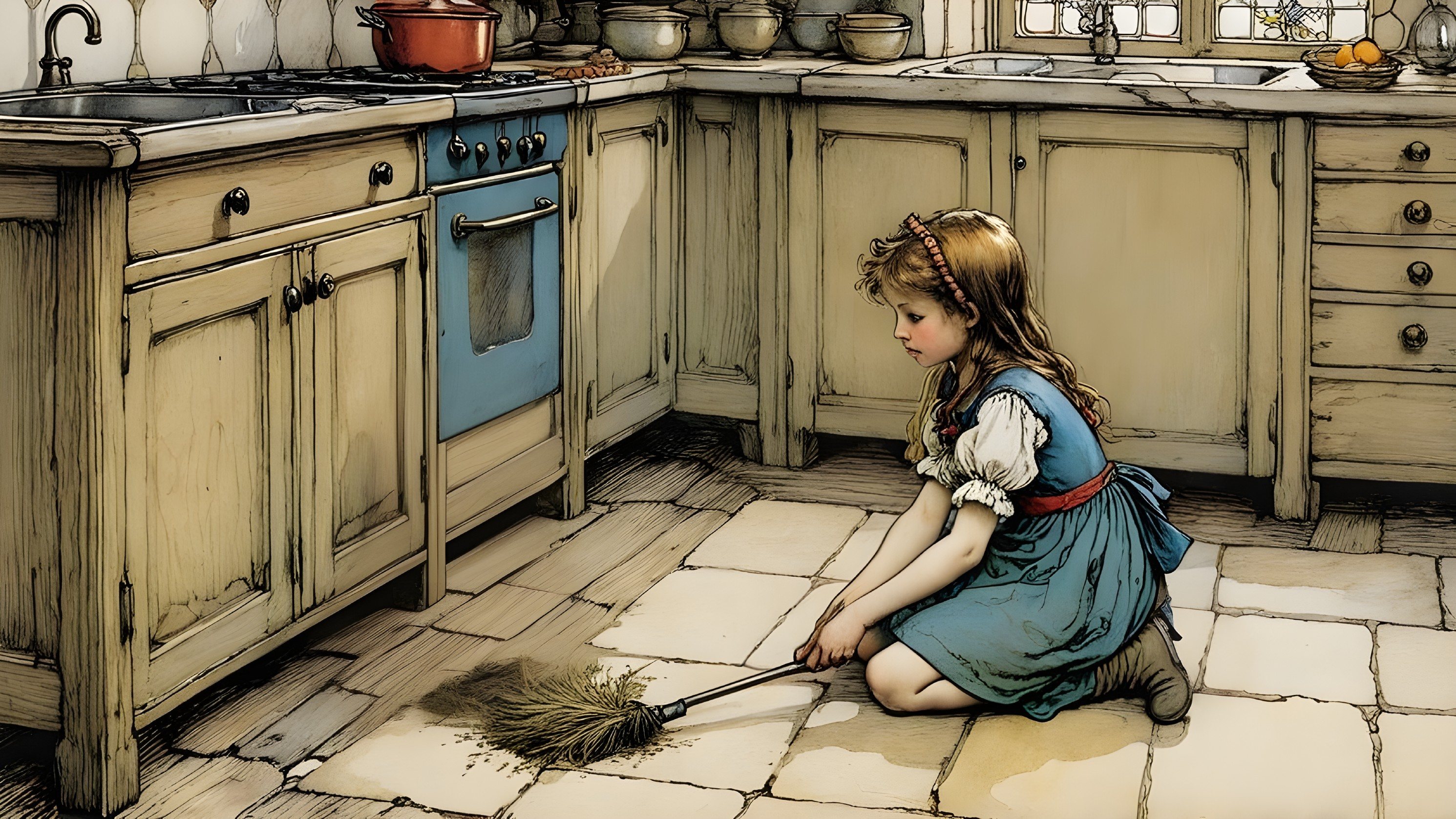 Young Girl Sweeping in a Quaint Vintage Kitchen