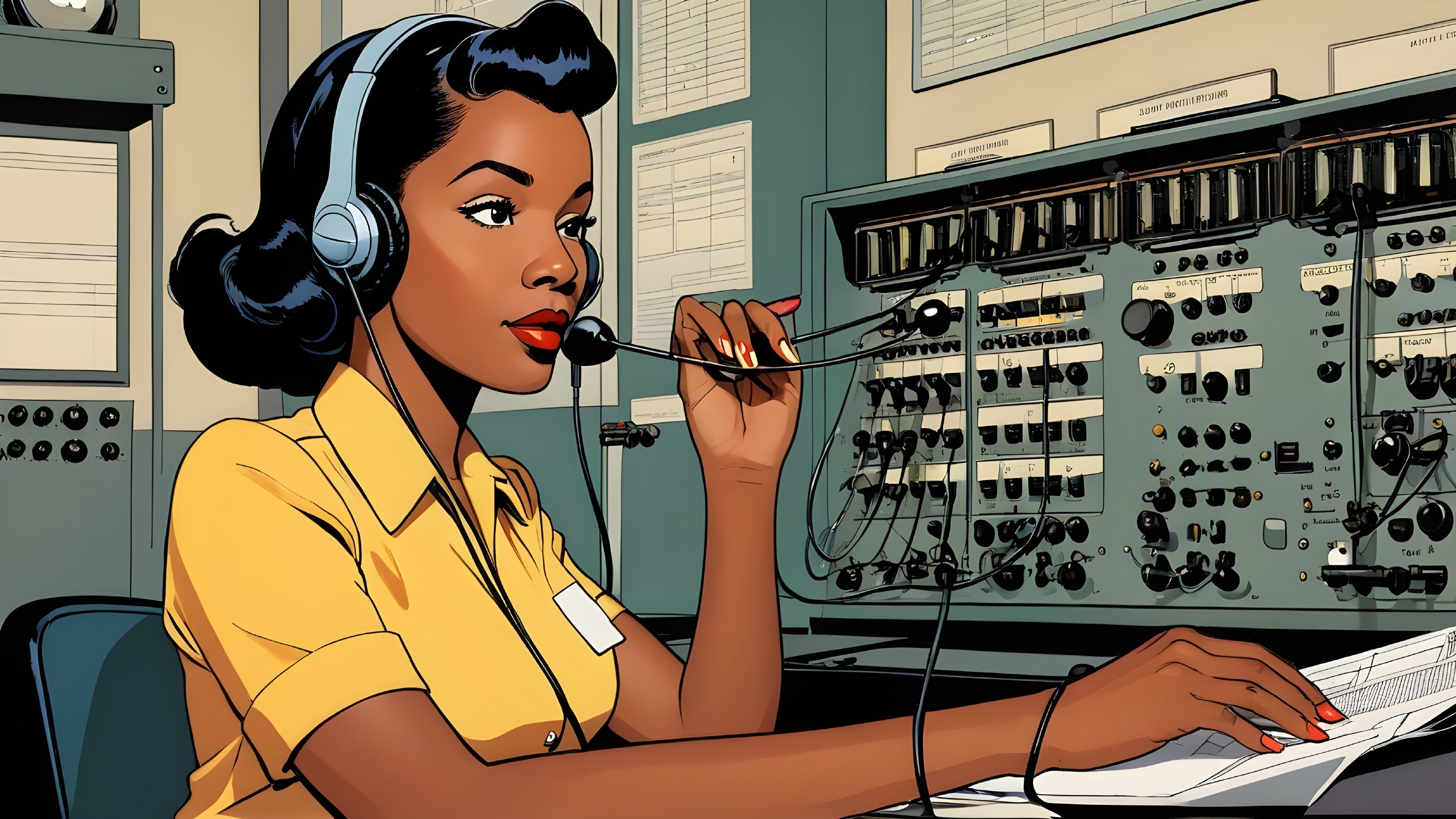 Vintage 1940s Woman at Retro Control Panel