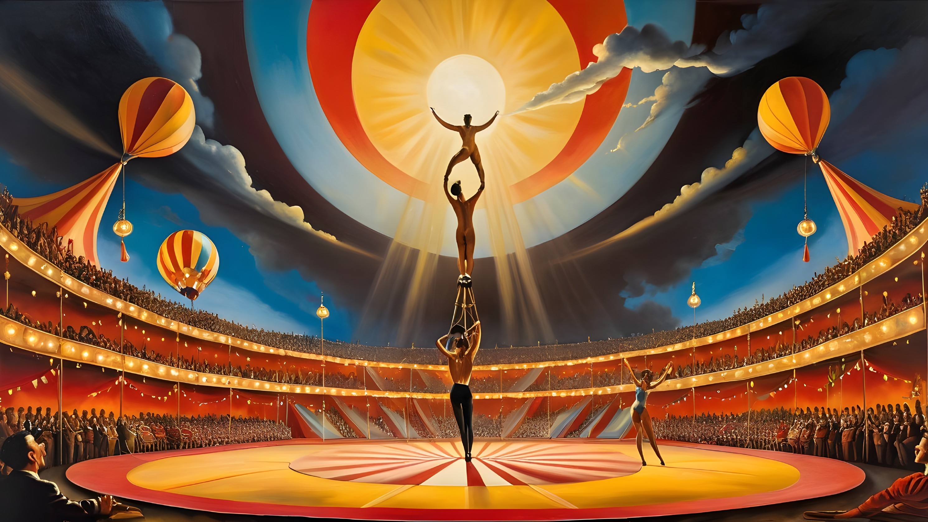 Surreal Circus Scene with Acrobats and Balloons