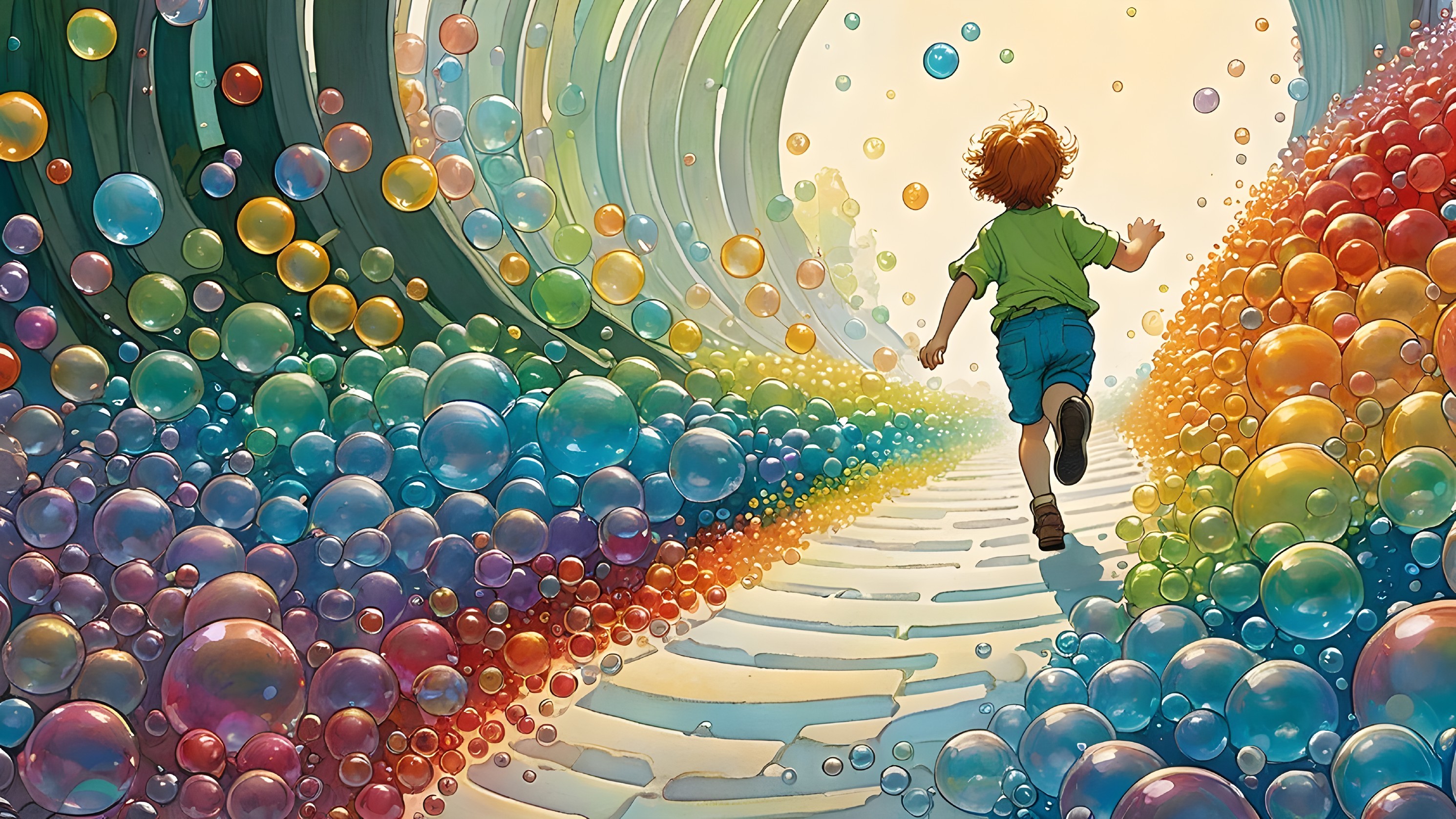 Child running on a colorful bubble-filled pathway