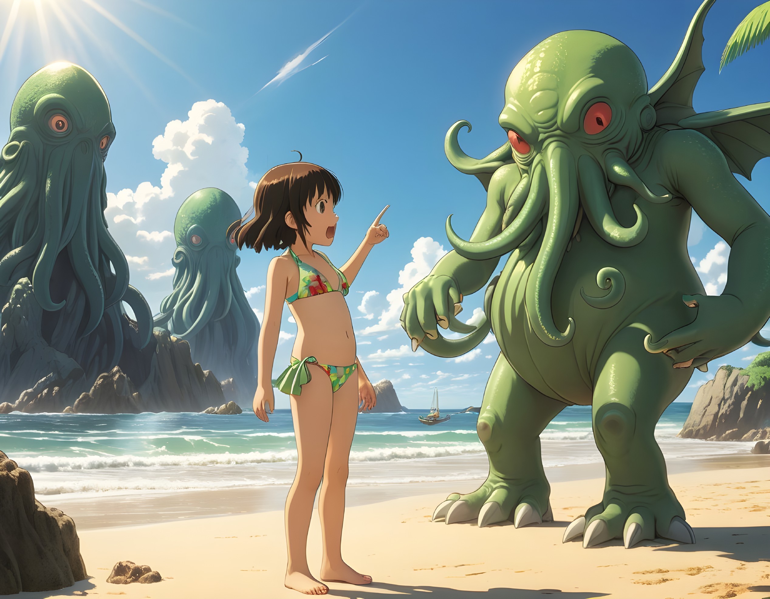 Young girl with tentacled creatures on sunny beach