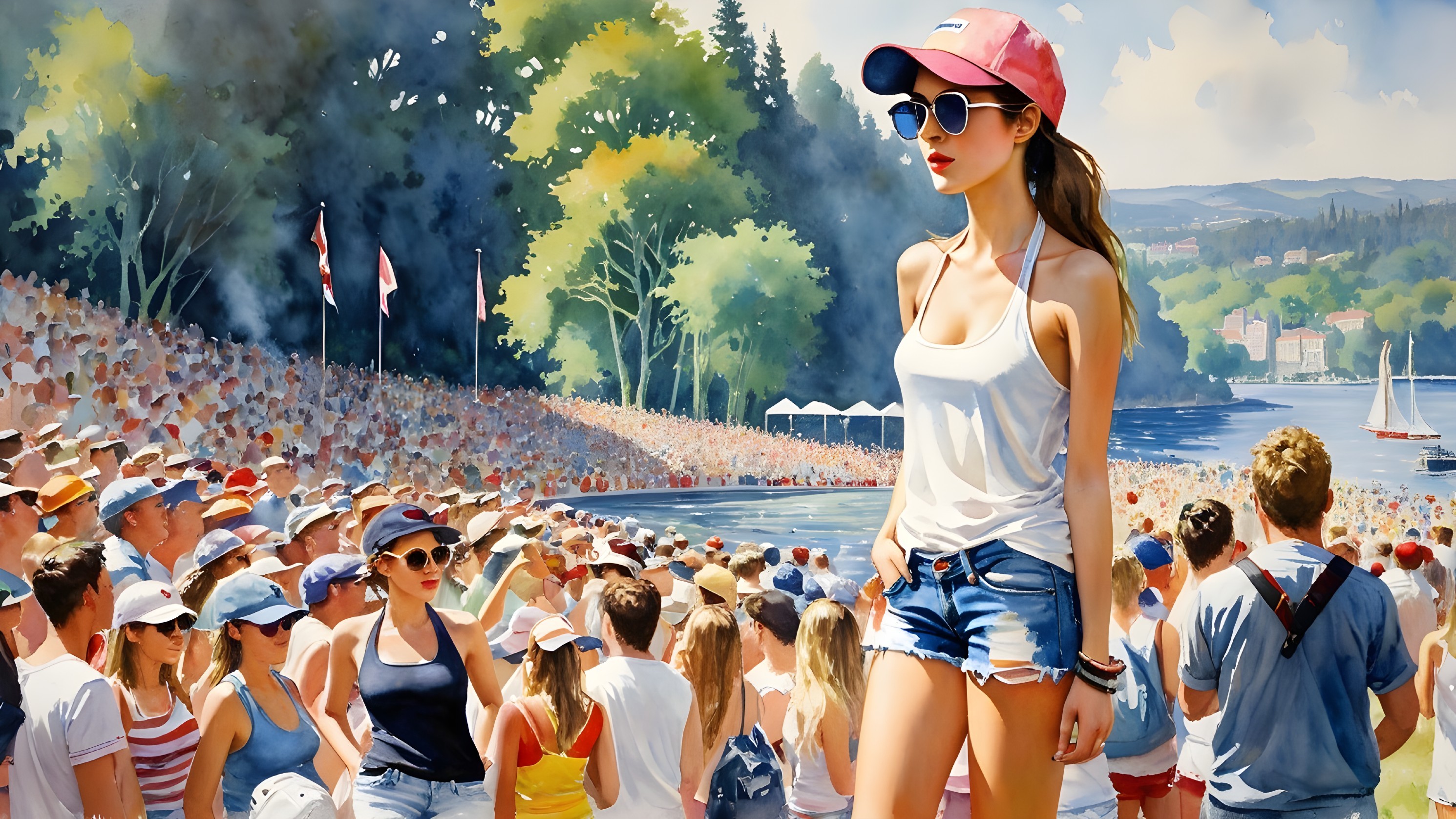 Vibrant Summer Scene by a Lake with a Crowded Event