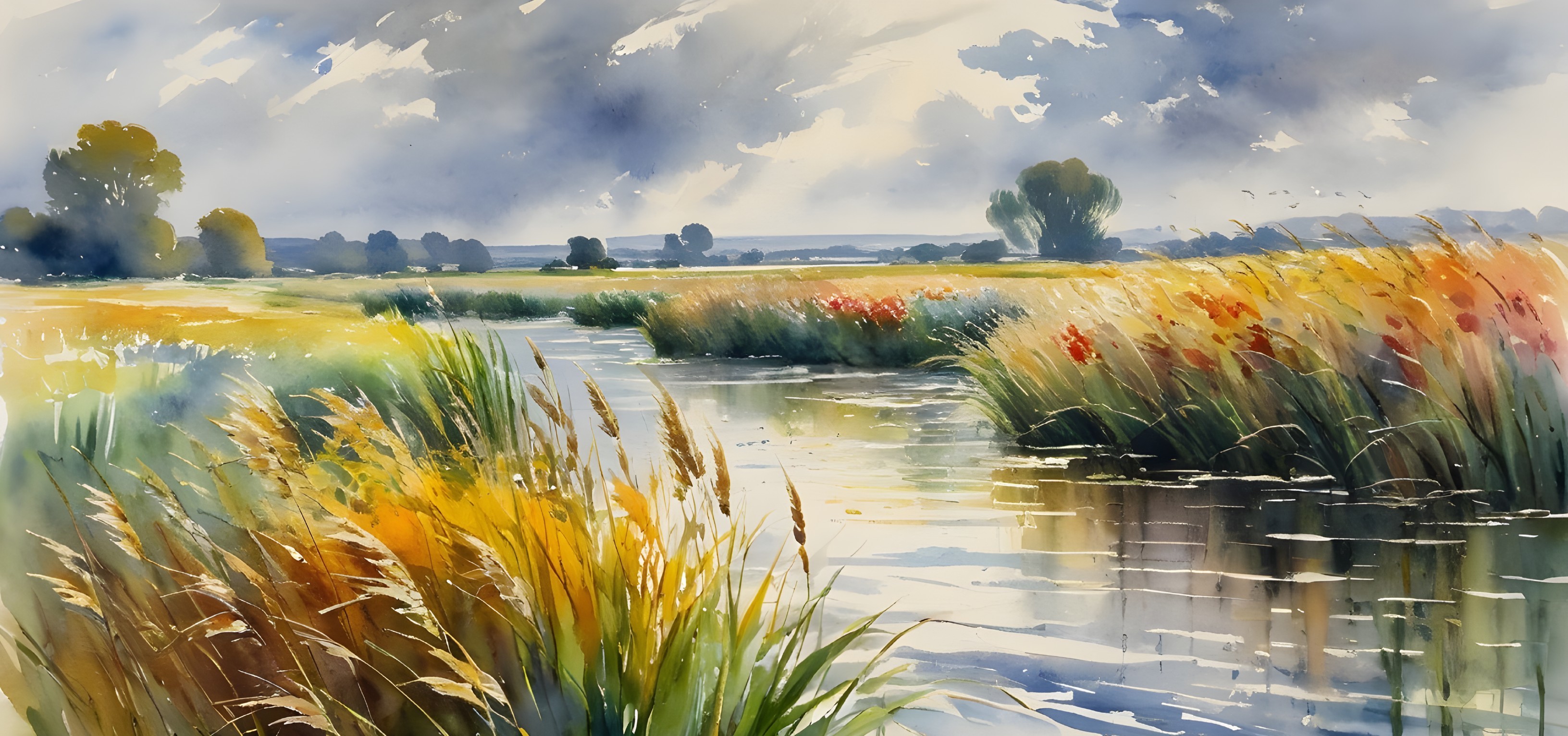 Tranquil River Landscape with Lush Grasses and Flowers