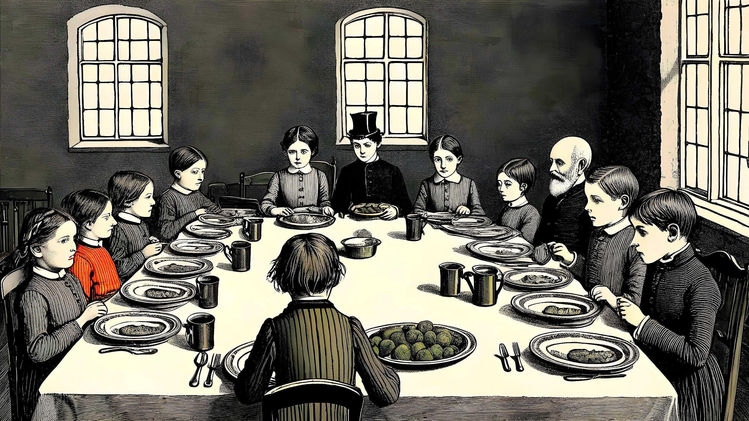 19th-Century Dining Hall with Children and Adults