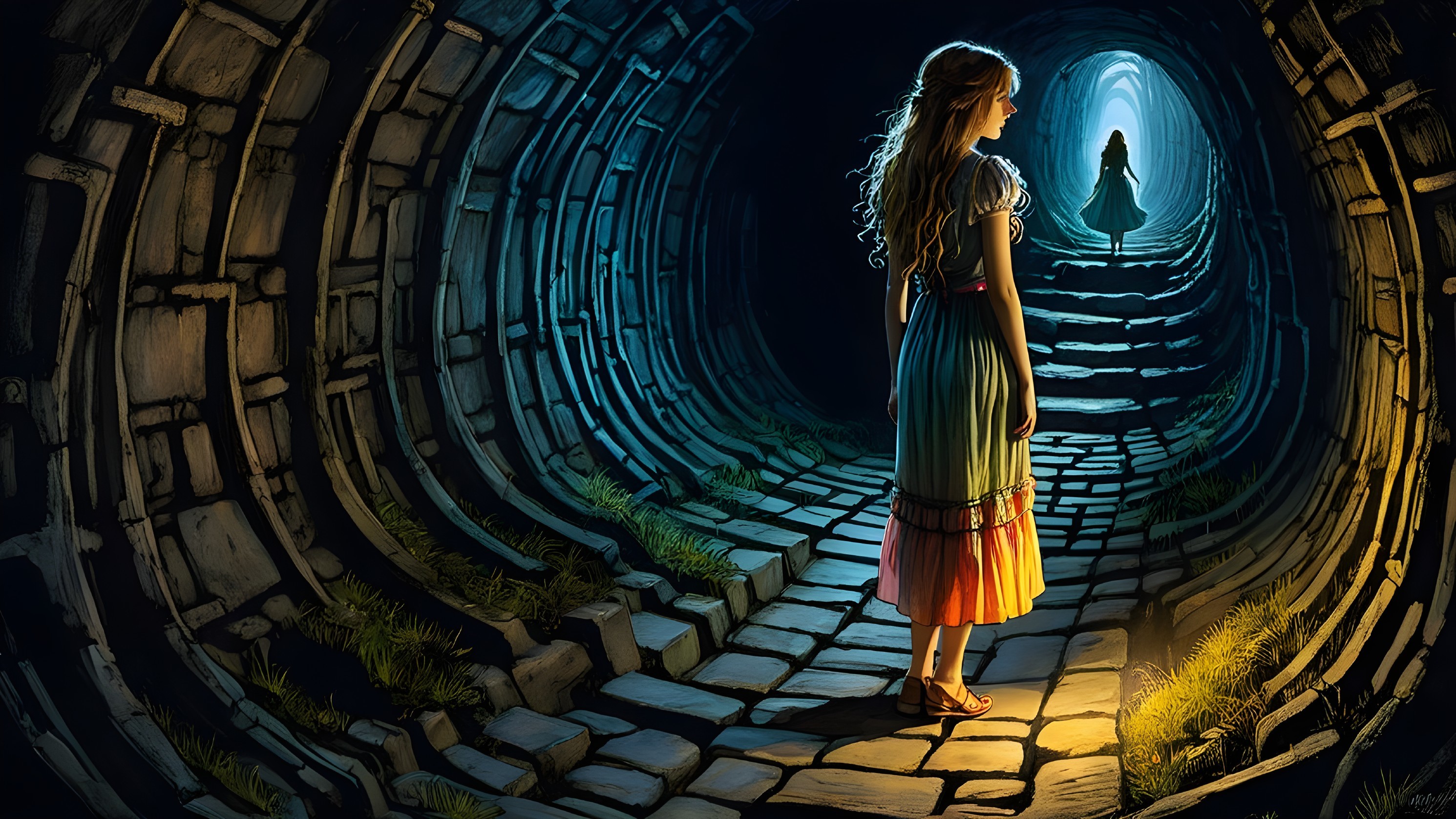 Young Woman in Colorful Dress in Dimly Lit Tunnel