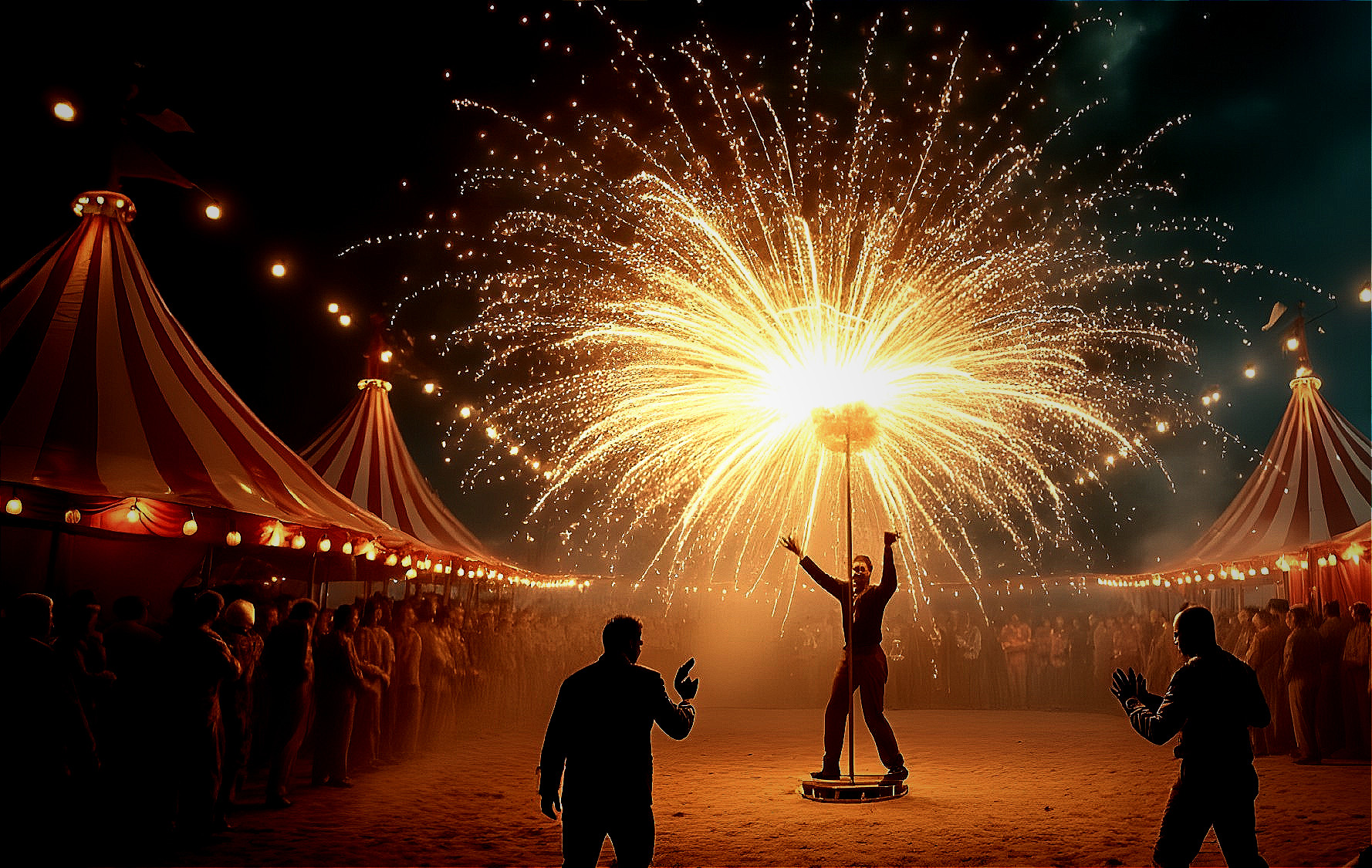 Circus Performer on Platform with Colorful Fireworks