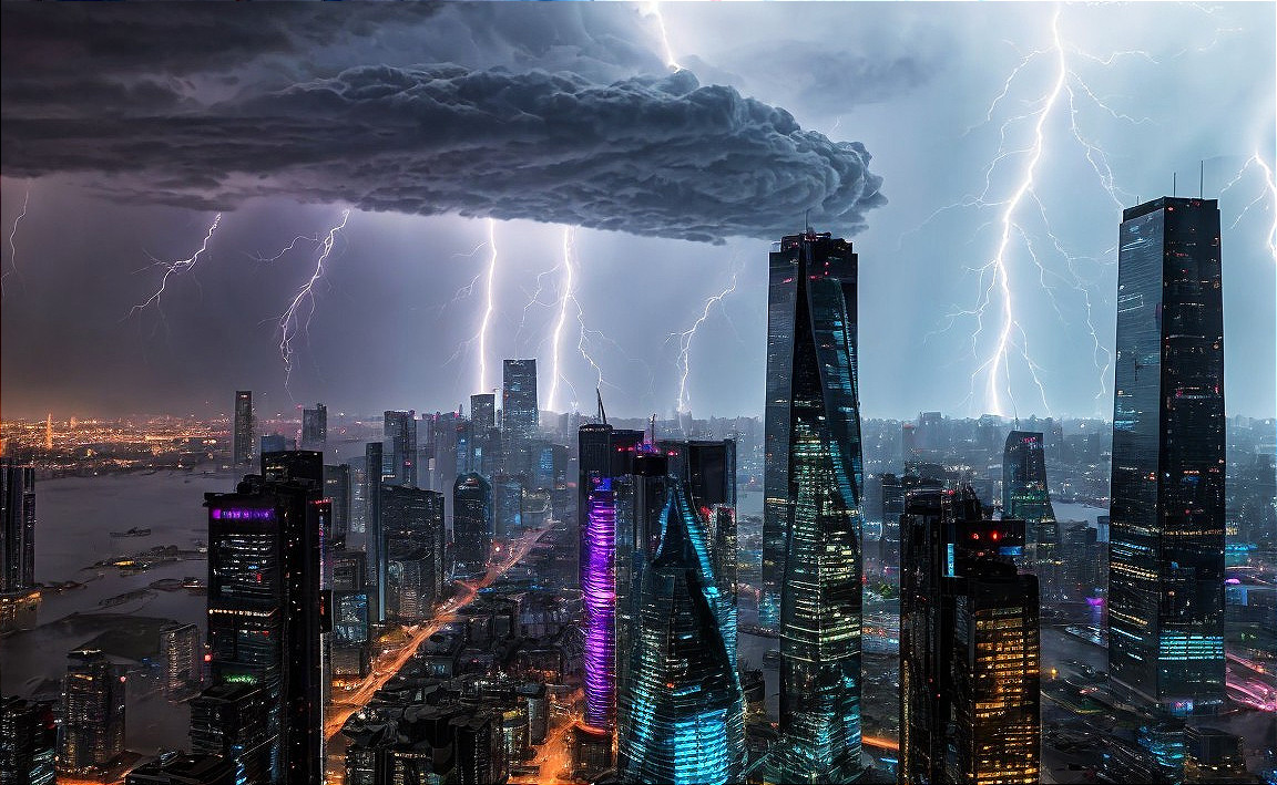 Dramatic Cityscape with Skyscrapers and Lightning