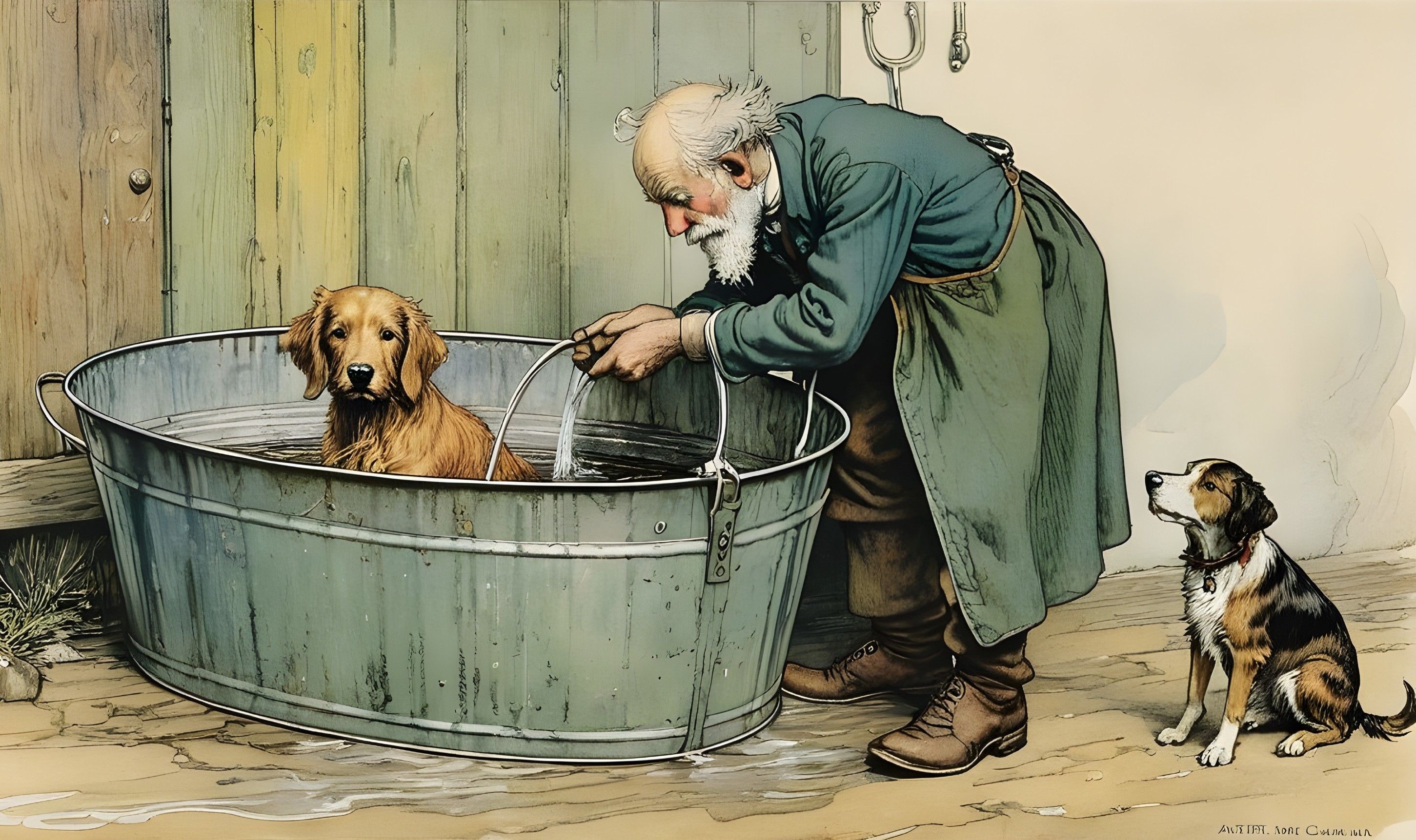 Elderly Man Bathing Golden Retriever in Rustic Setting