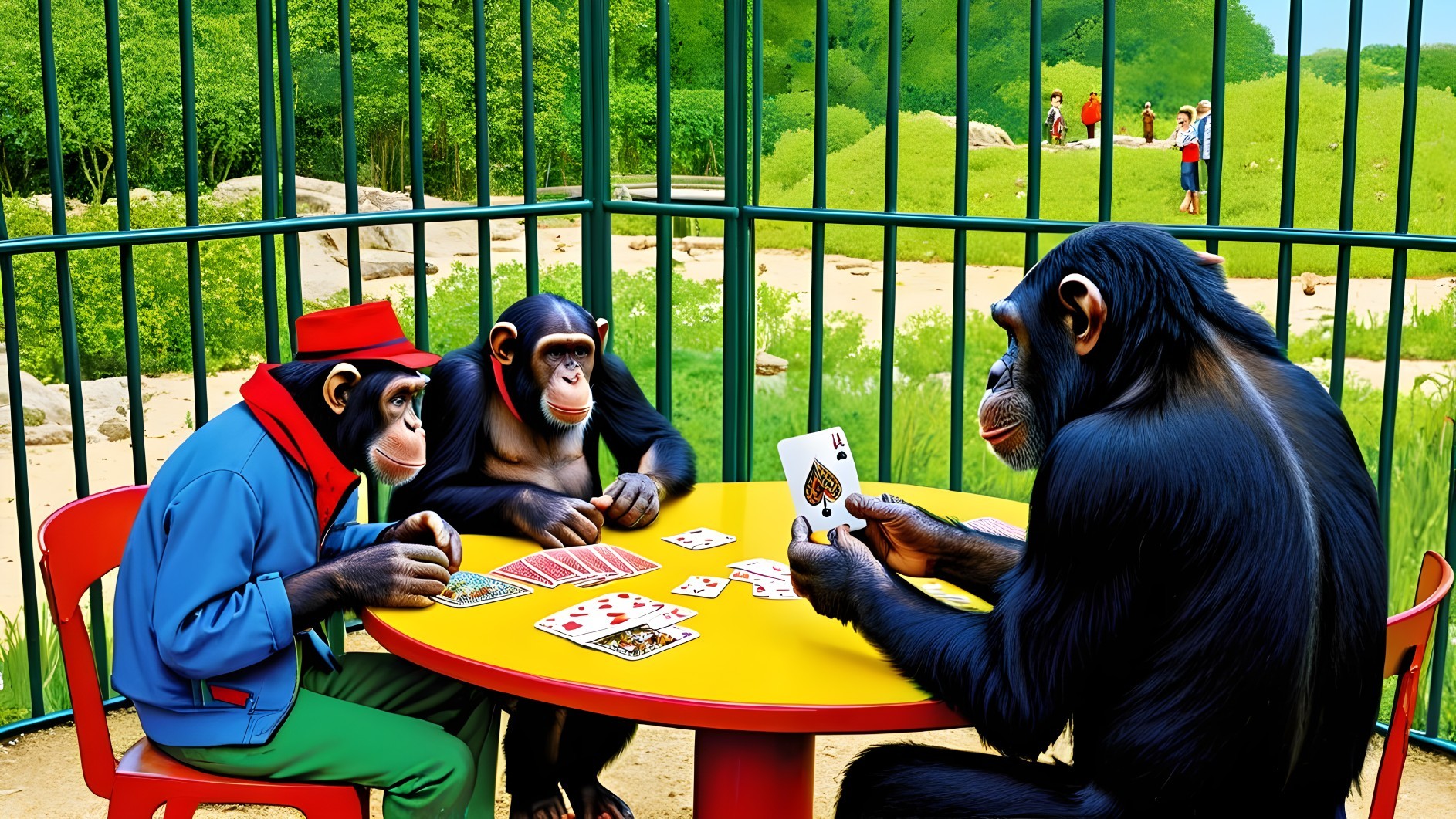 Chimpanzees Playing Cards at Yellow Table in Cage