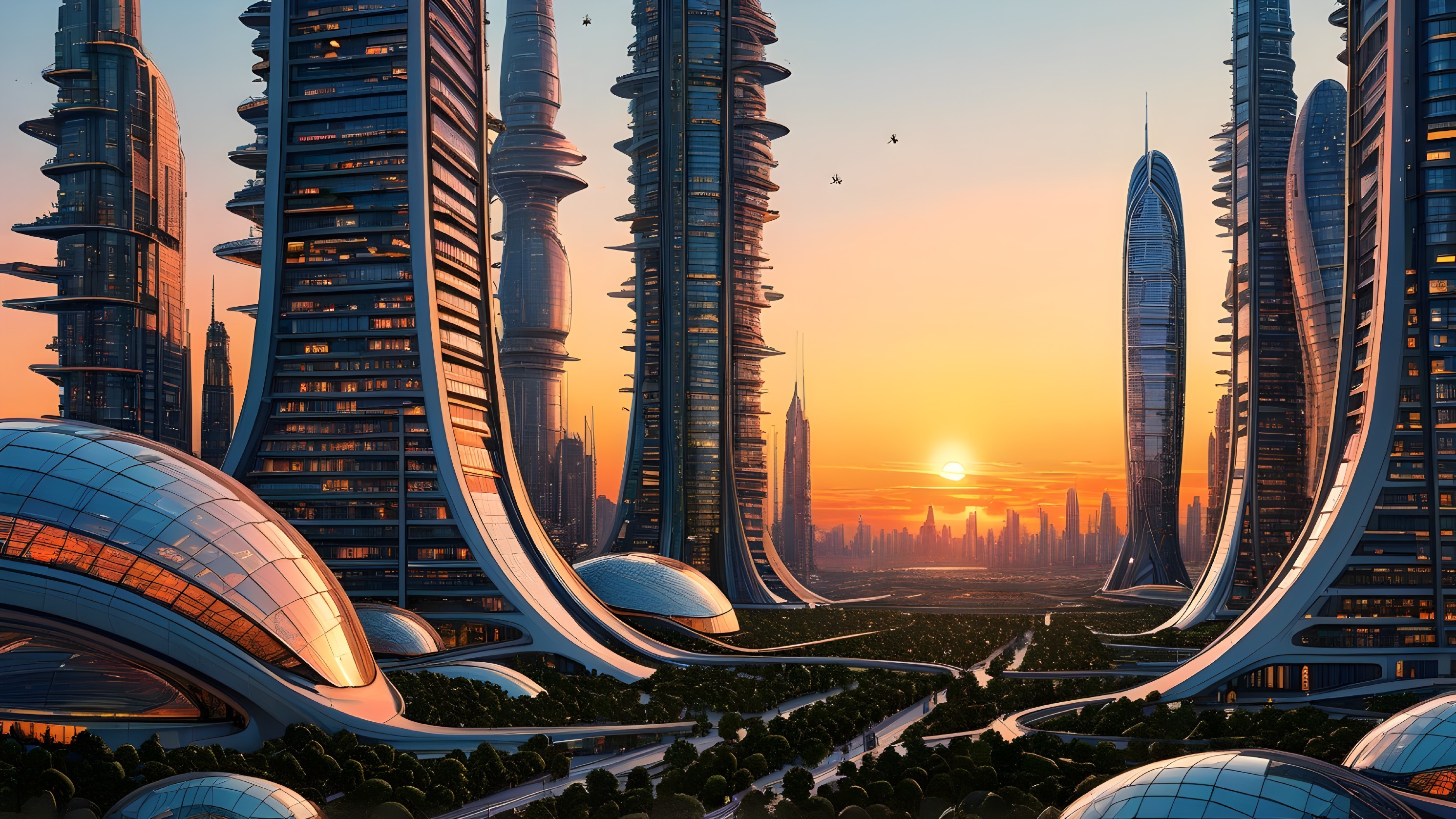 Futuristic cityscape at sunset with advanced architecture