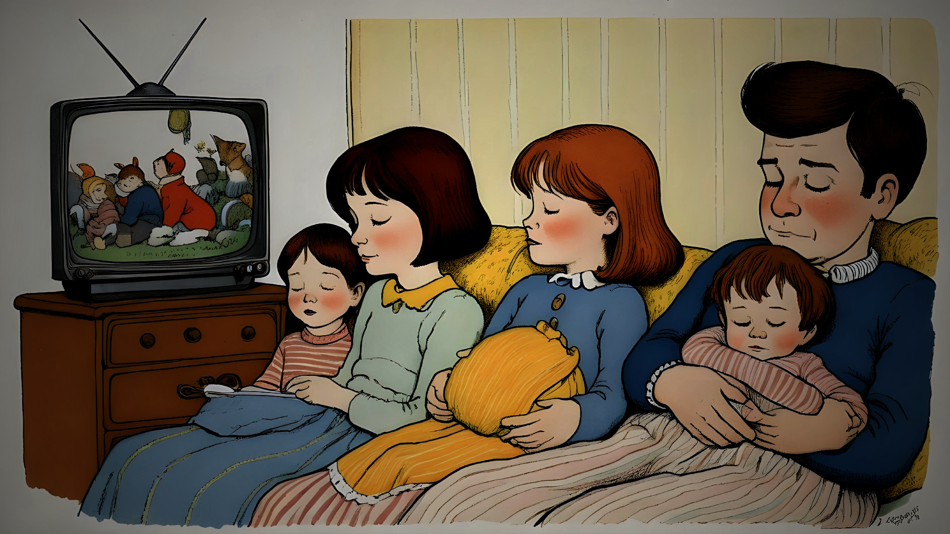 Cozy Family Living Room with Blankets and TV Show