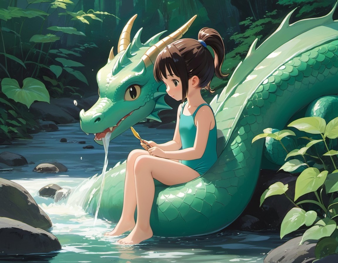 Young Girl and Green Dragon by Sparkling Stream