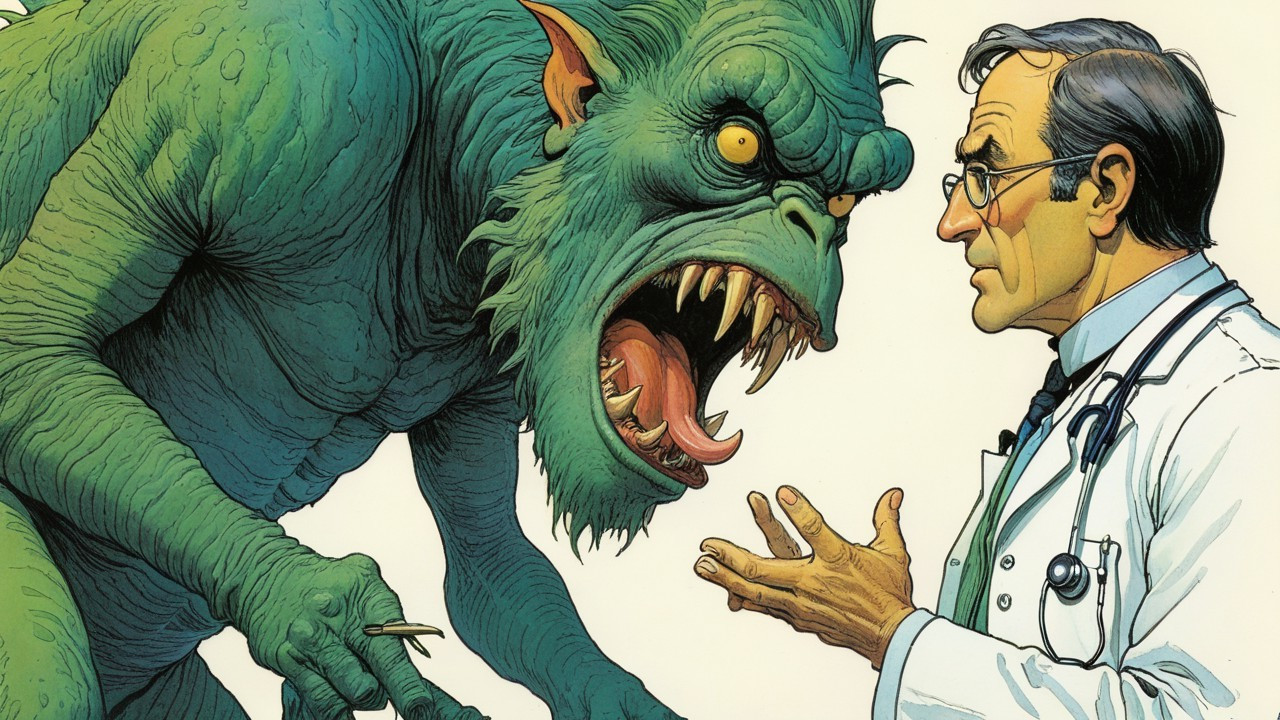 Fierce Green Monster Confronts Concerned Doctor