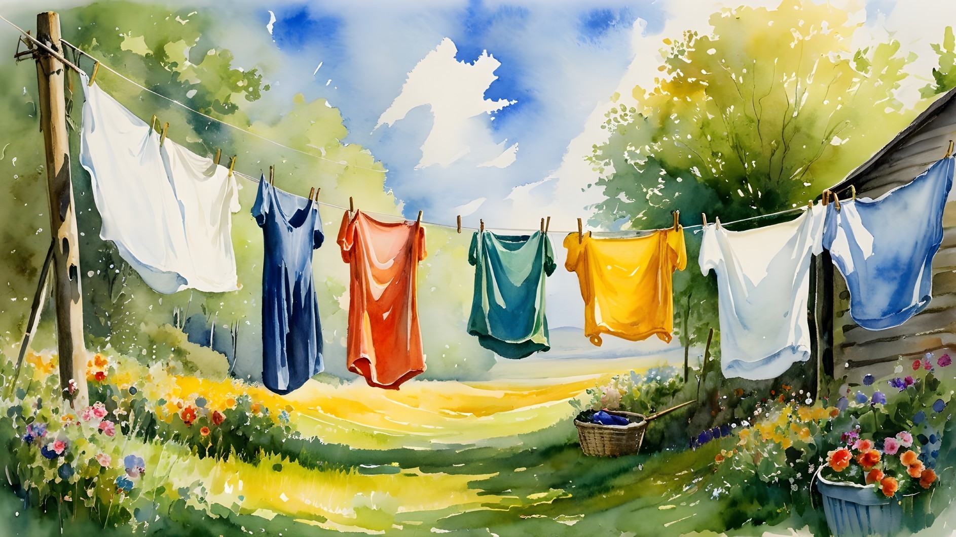 Countryside Scene with Colorful Shirts and Flowers