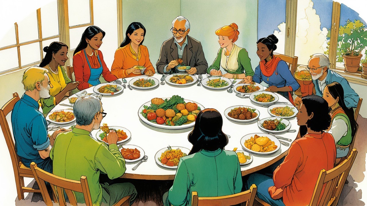 Twelve People Sharing a Meal at a Circular Table