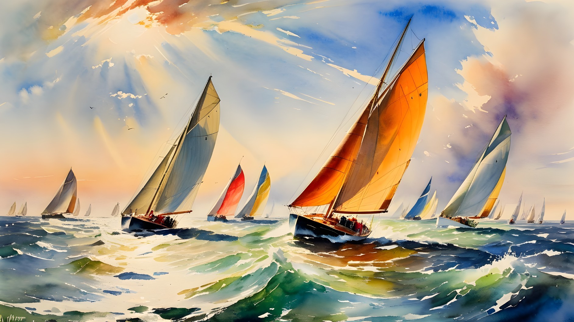 Vibrant Seascape with Colorful Sailboats and Waves