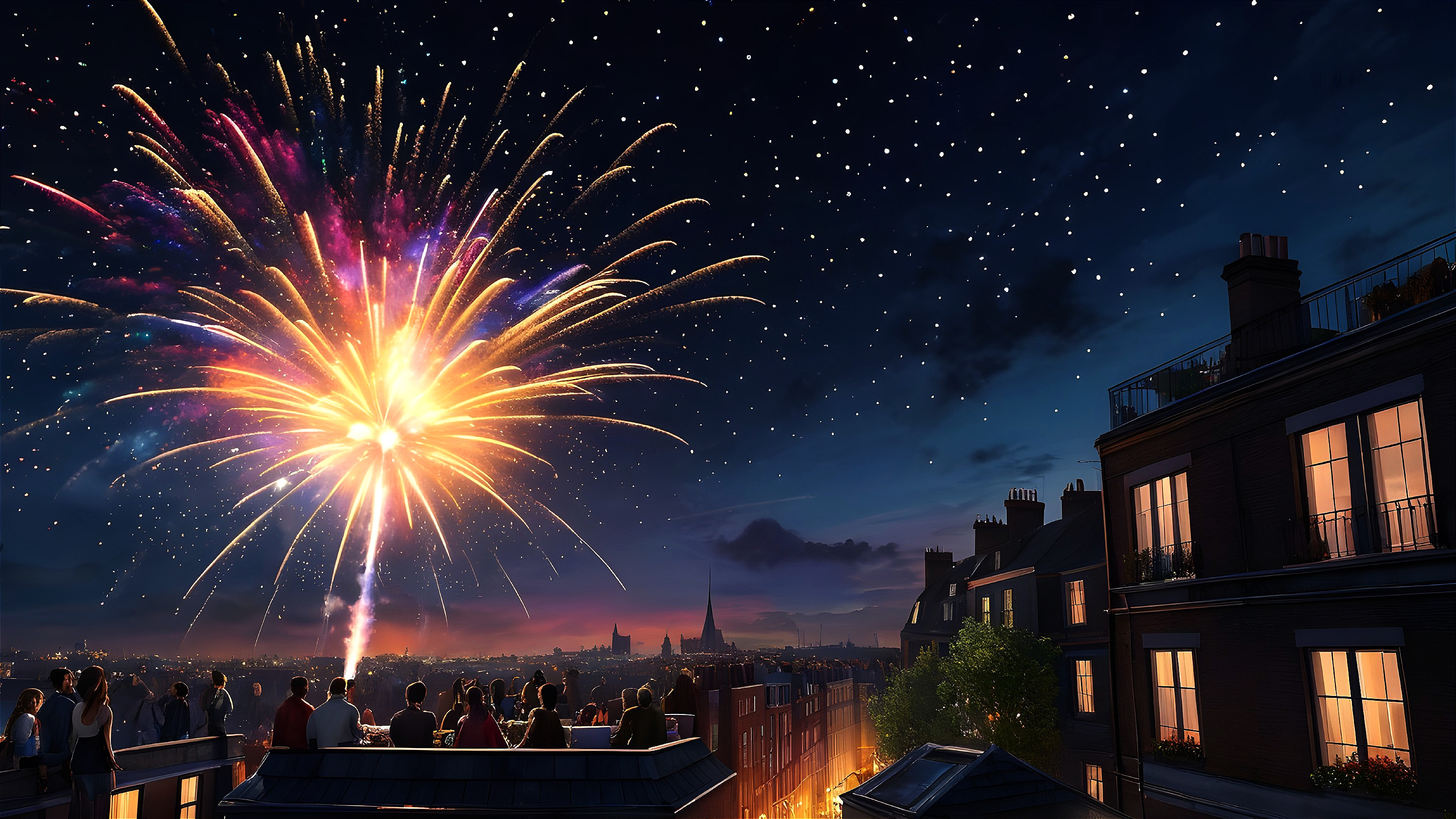 Vibrant Fireworks Illuminate Night Sky Over City