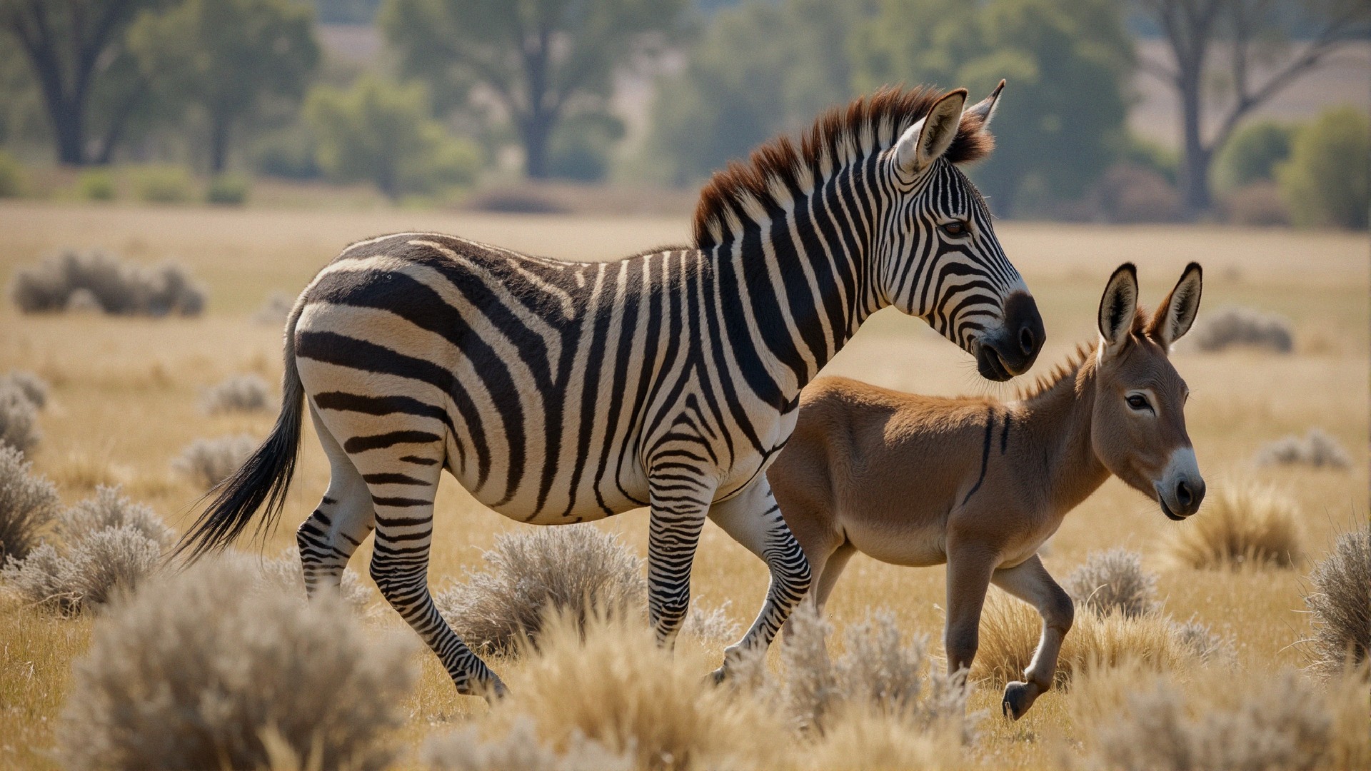 Zebra and Donkey in a Grassy Landscape Under Sunlight