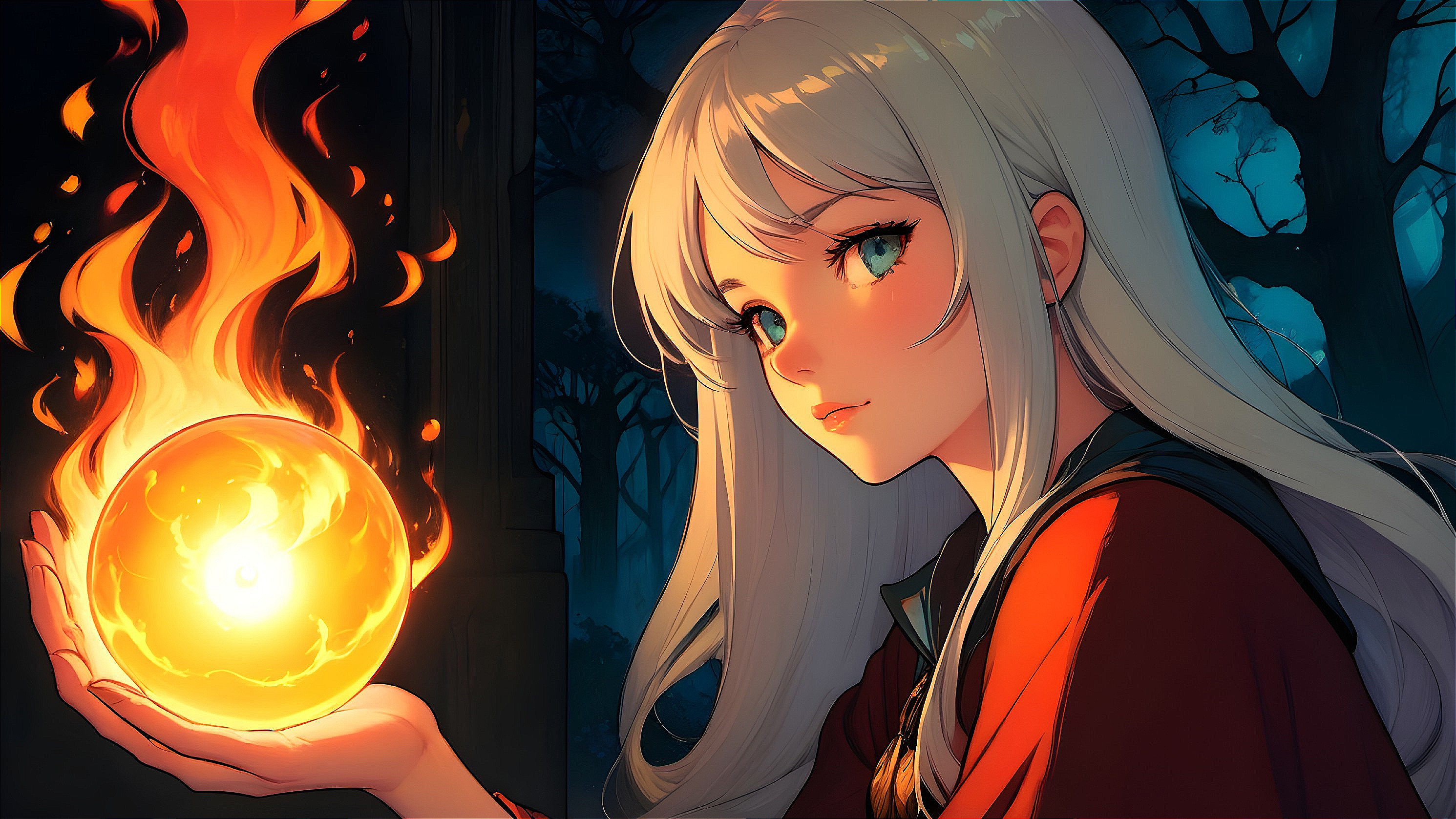 Young girl with white hair holding glowing orb in forest
