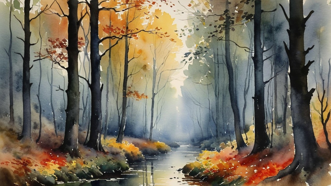Autumn Landscape with Vibrant Trees and Gentle Creek