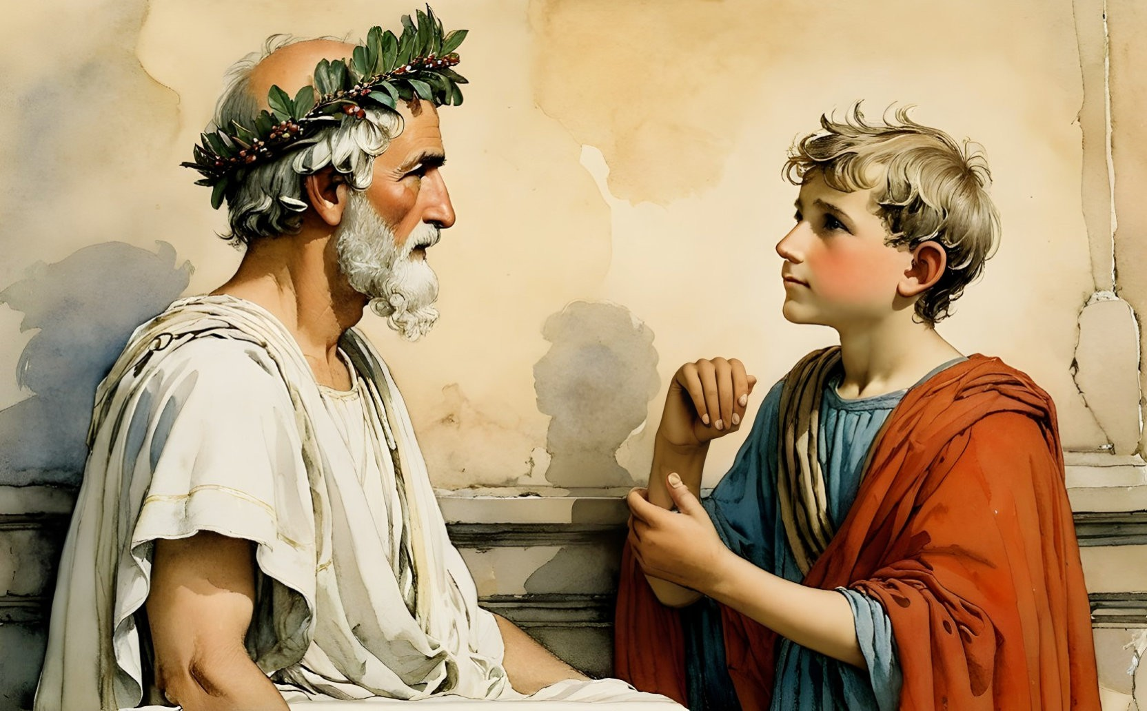 Elderly Man in Laurel Wreath Discussing with Young Boy