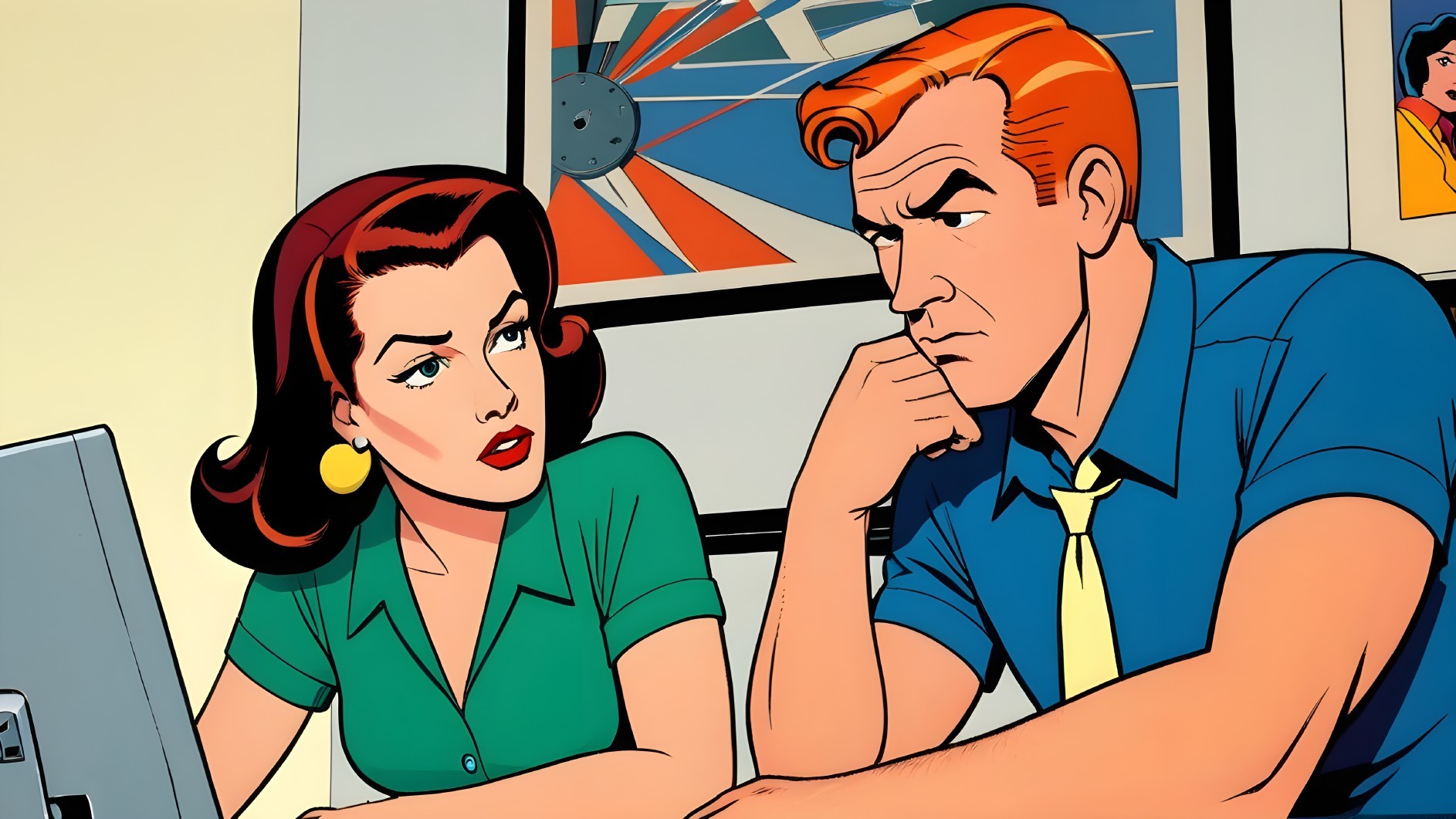 Retro Office Scene with Two Colleagues in Focus