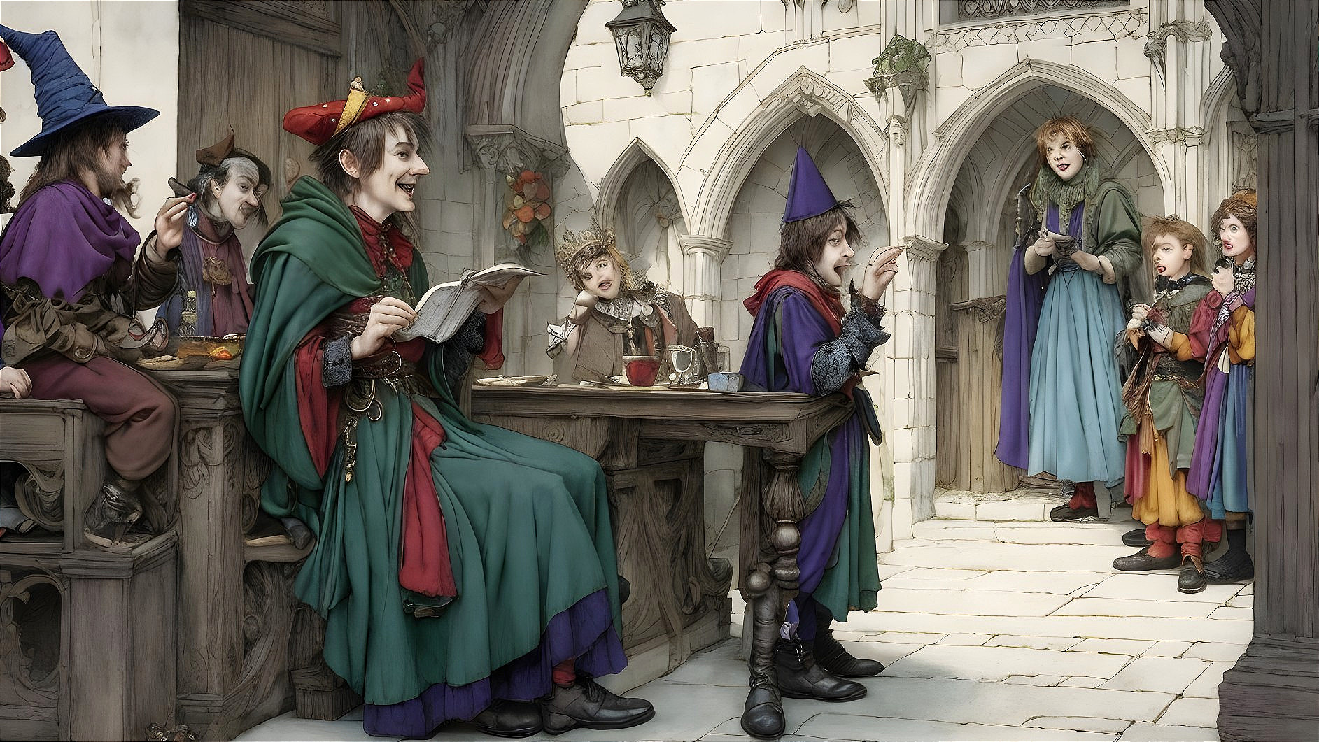 Medieval Gathering of Jesters and Wizards at a Table