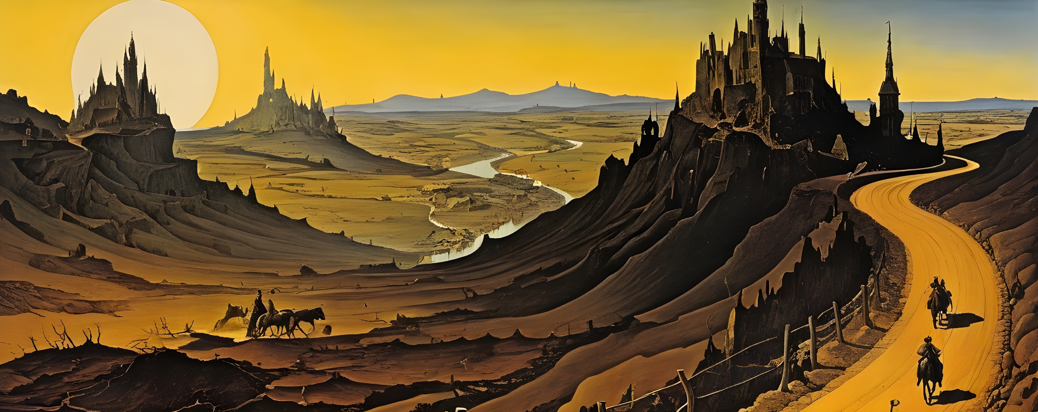 Surreal Landscape with Castles and Distant Mountains
