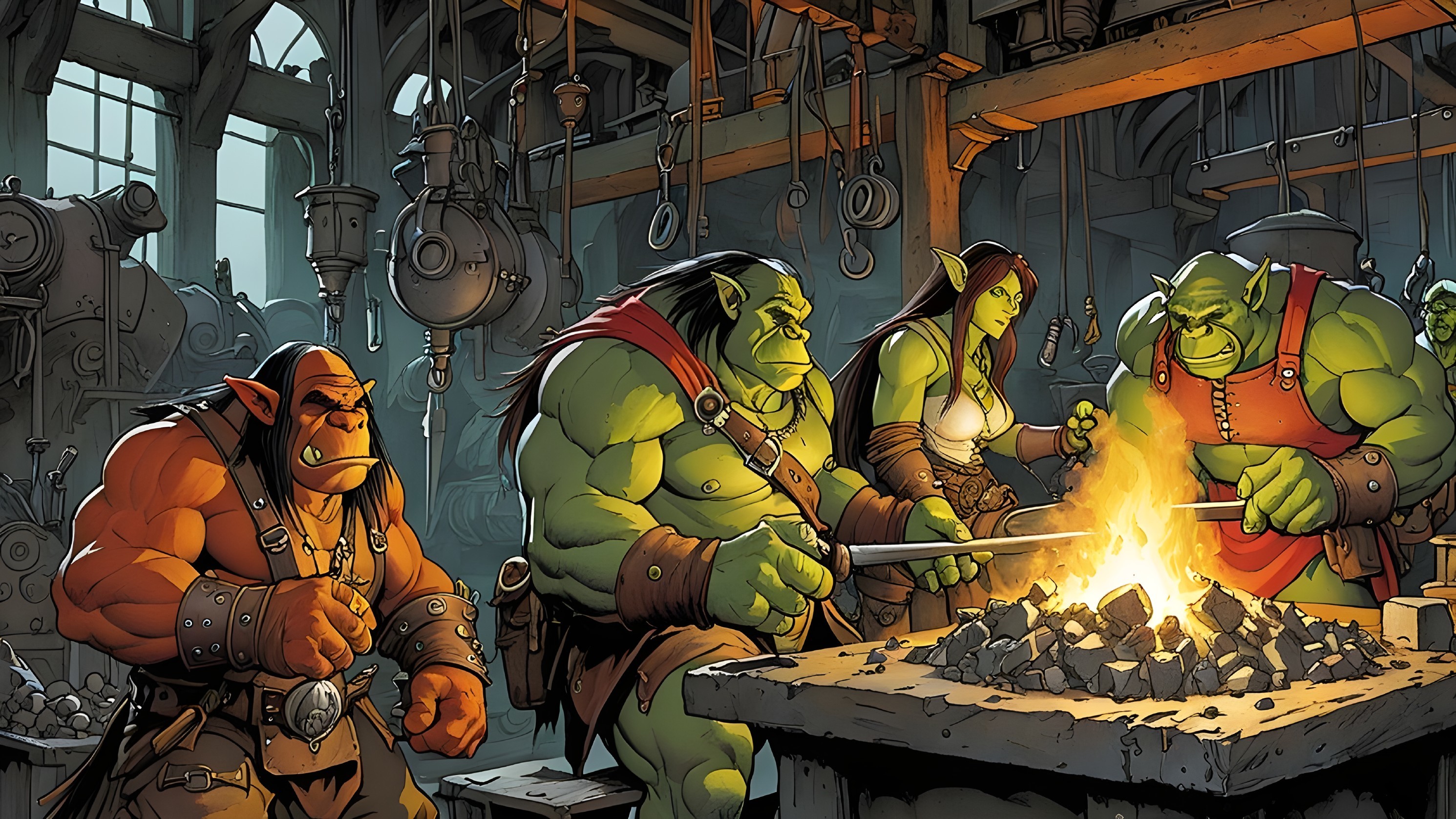 Orcs Forging Weapons in a Blacksmith Workshop