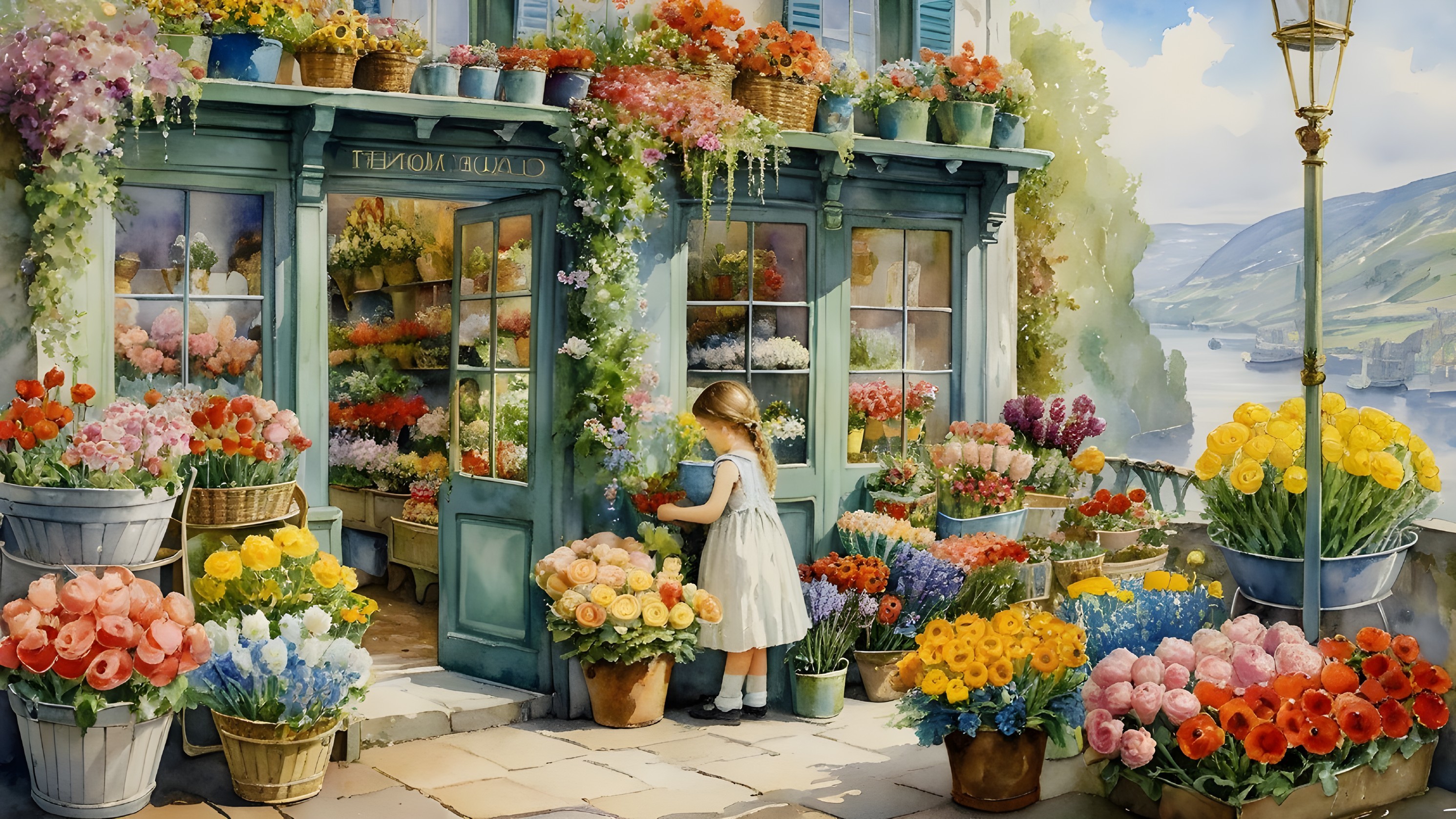 Charming Flower Shop with Vibrant Blooms and Scenic View