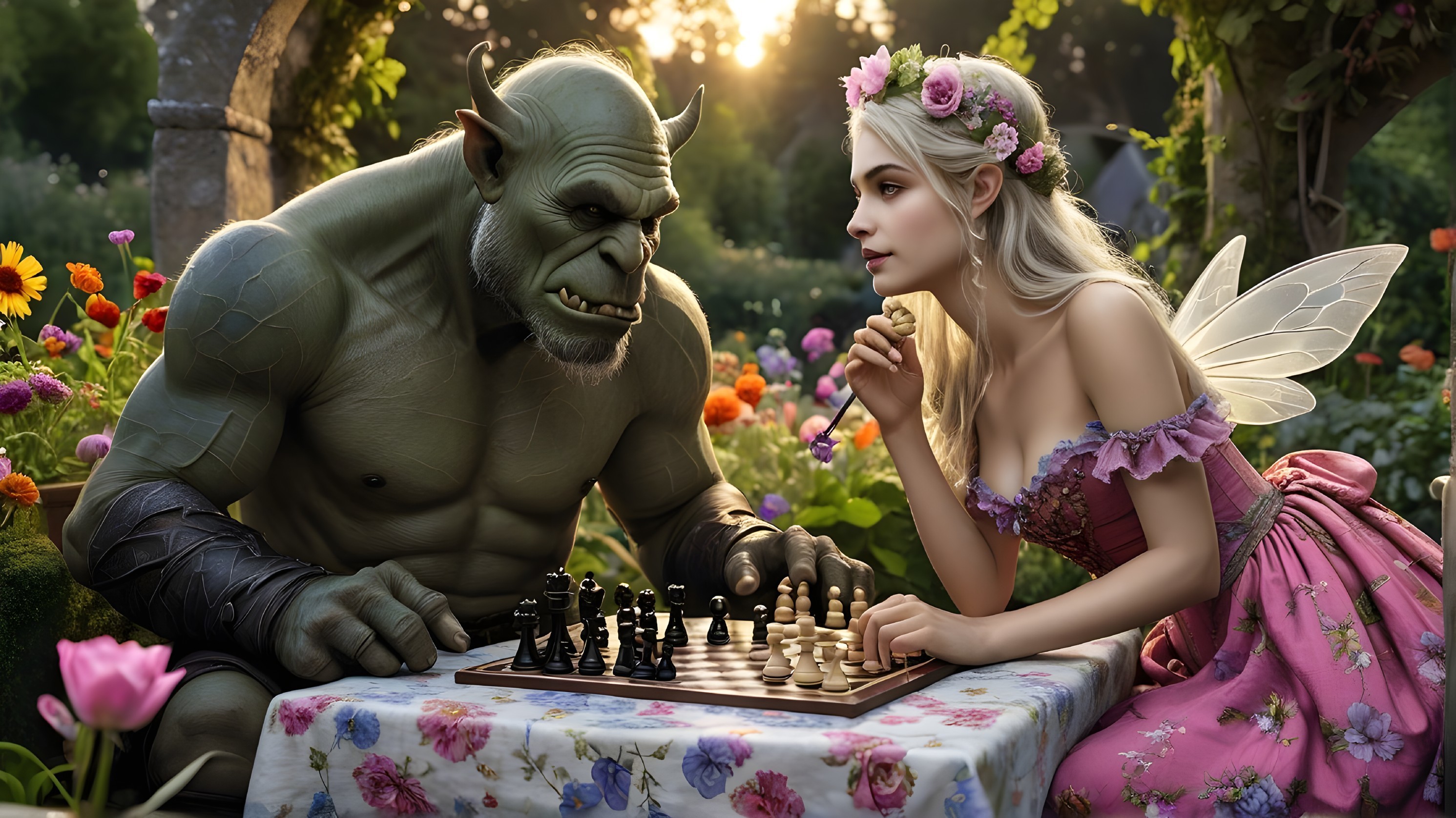 Orc and Fairy Play Chess in Colorful Garden Setting