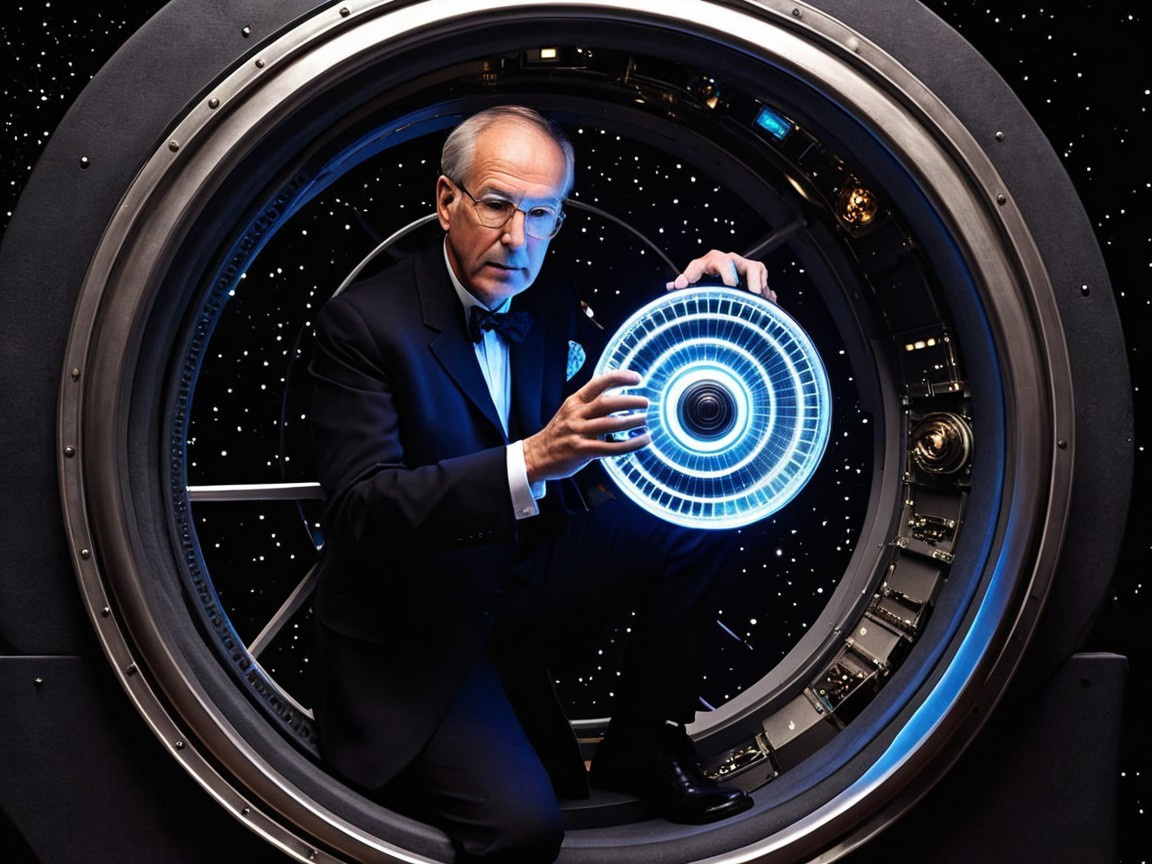 Man in Tuxedo Inside Futuristic Spacecraft with Device