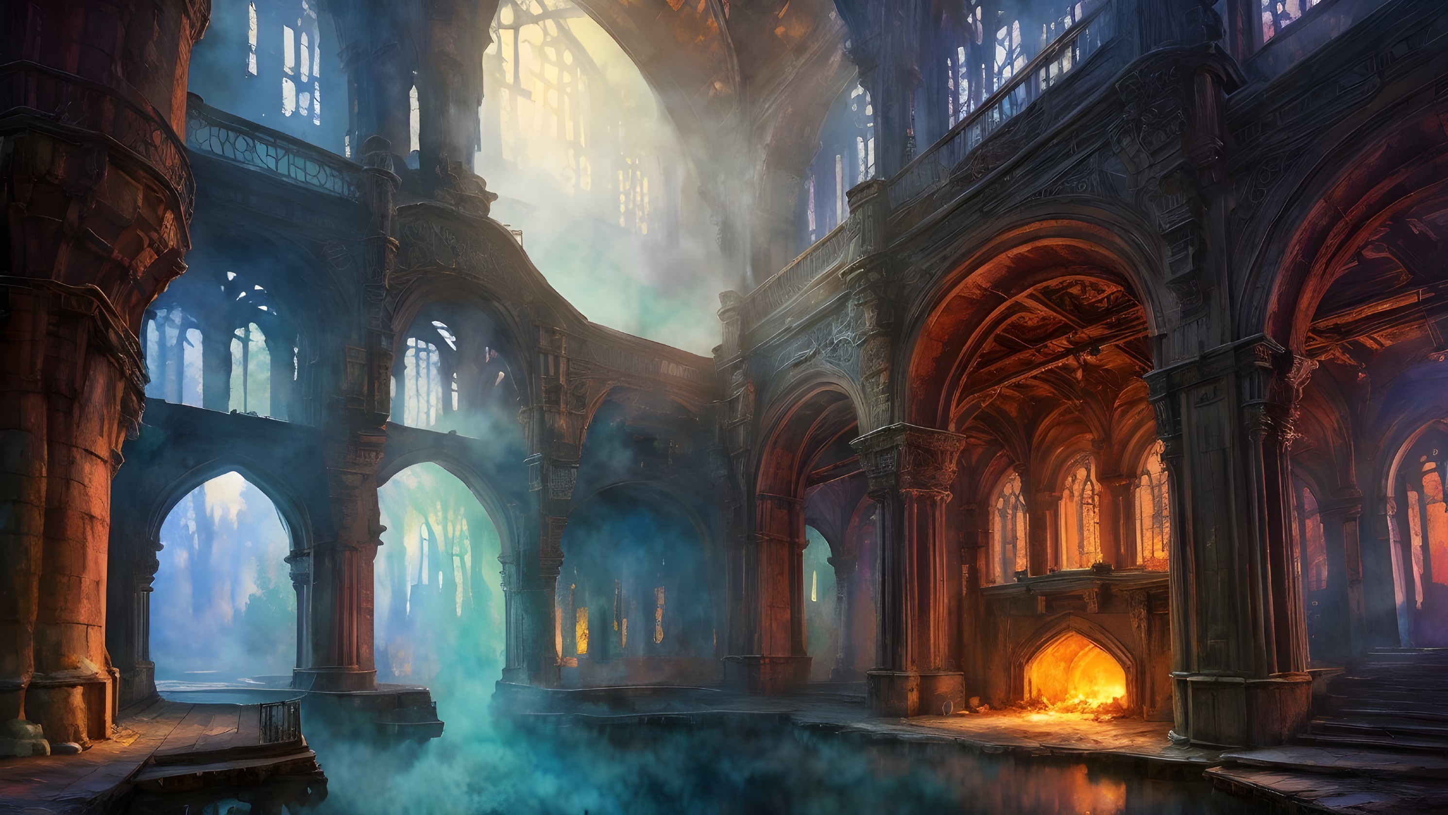 Forgotten Cathedral Surrounded by Mist and Stained Glass